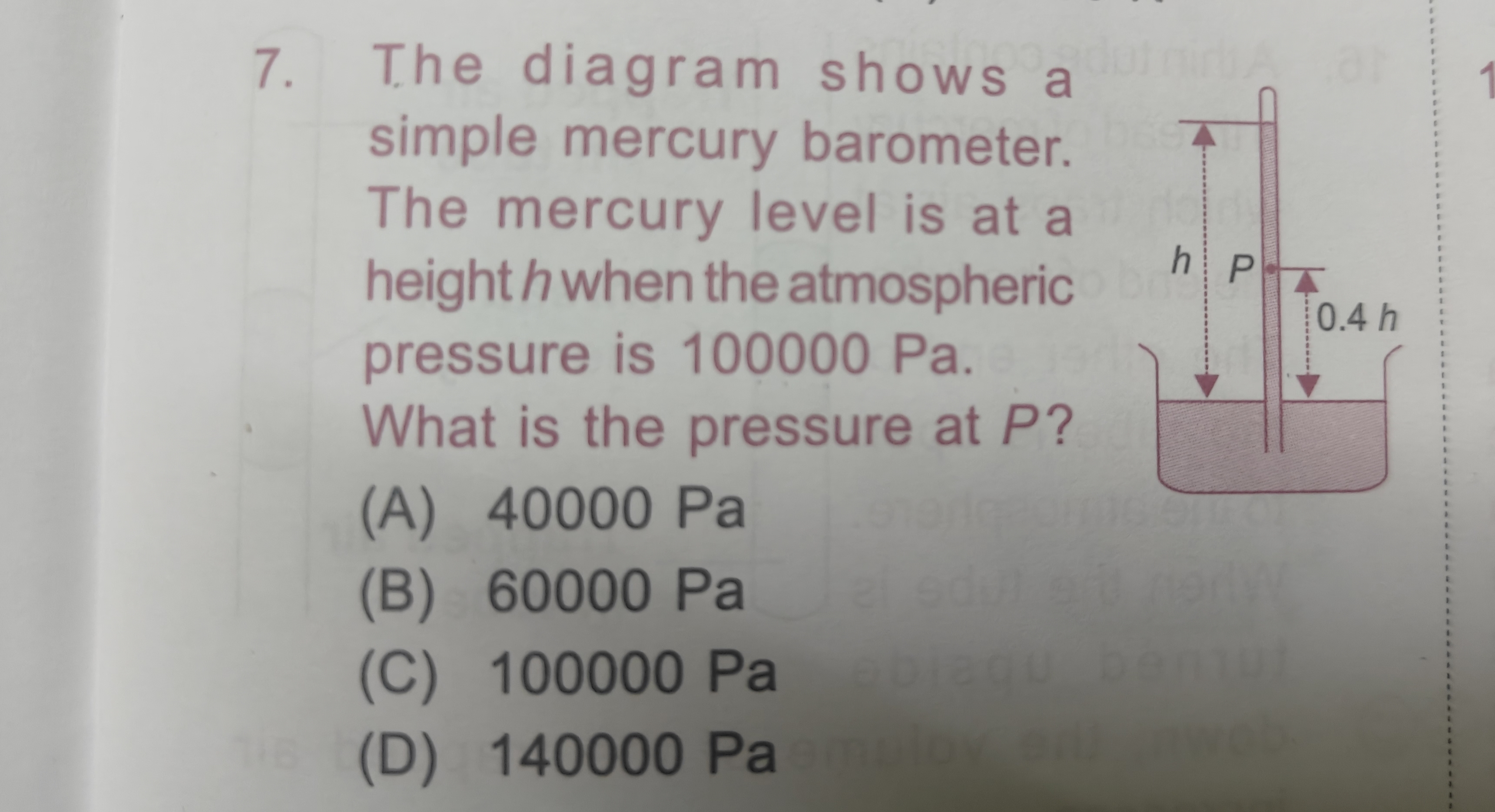 7. The diagram shows a simple mercury barometer. The mercury level is 