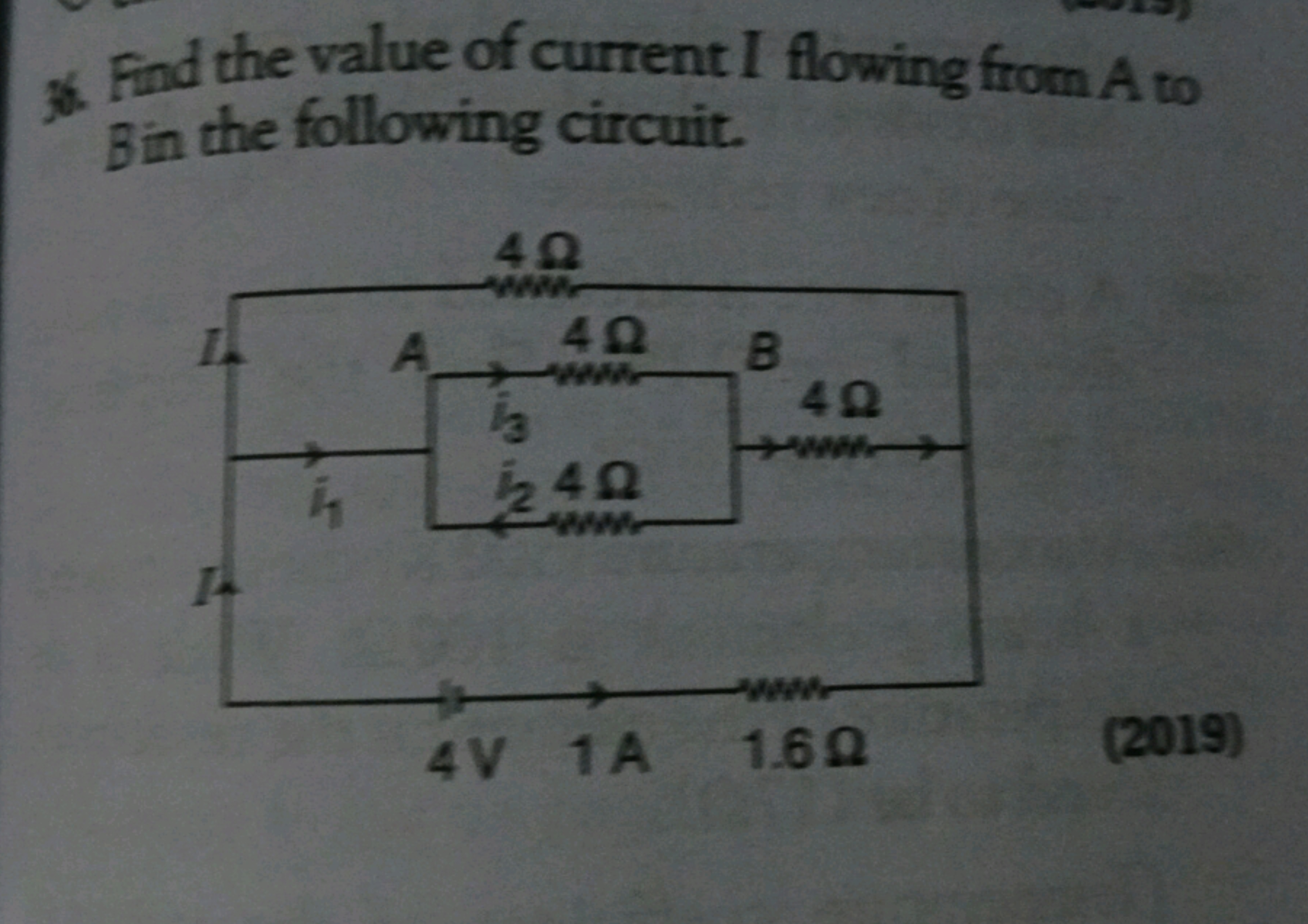 36. Find the value of current I flowing from A to Bin the following ci