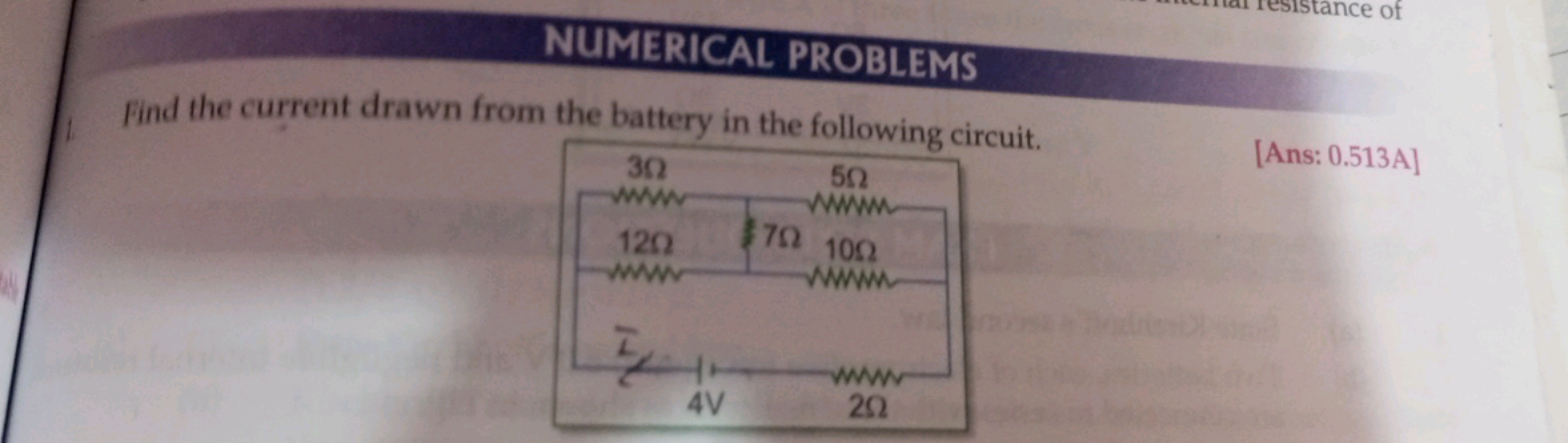 NUMERICAL PROBLEMS
Find the current drawn from the battery in the foll