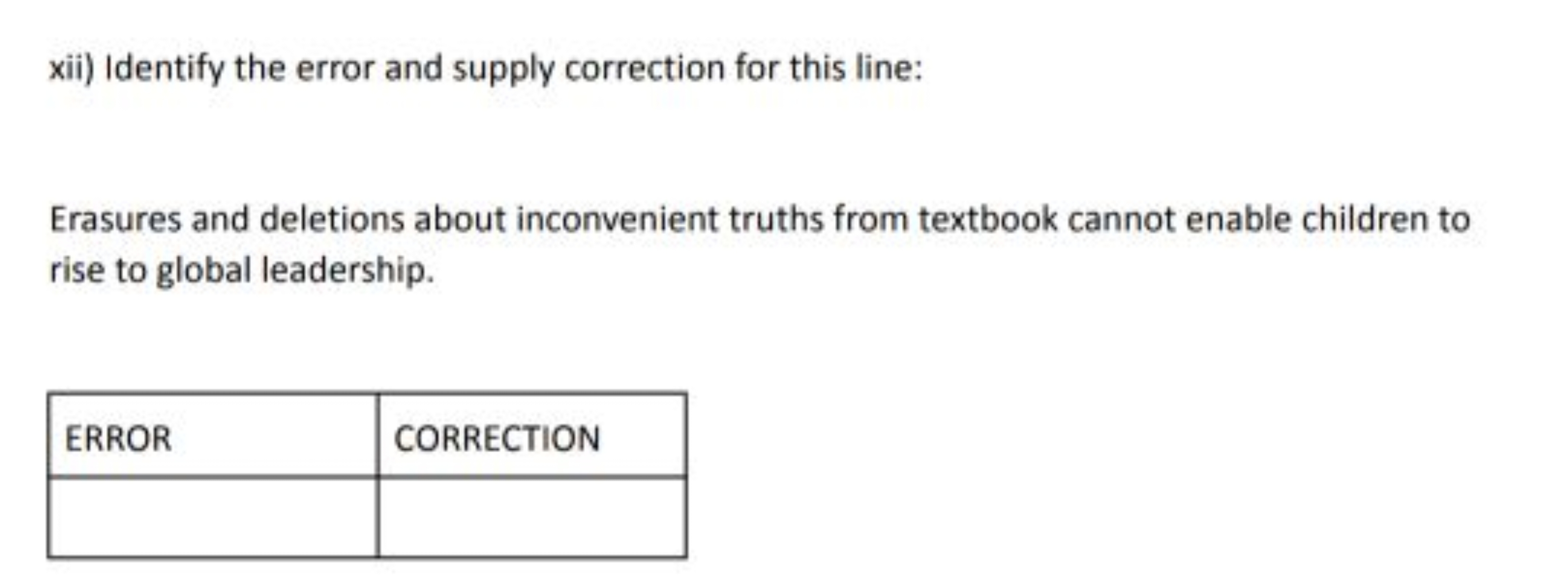 xii) Identify the error and supply correction for this line:

Erasures