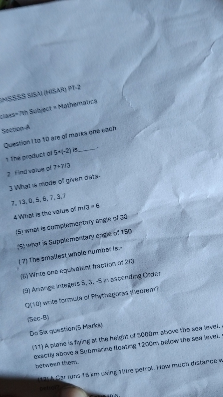 SIS \I (HISAR) PT-2
Subiect = Mathematios

Question lto 10 are of mark