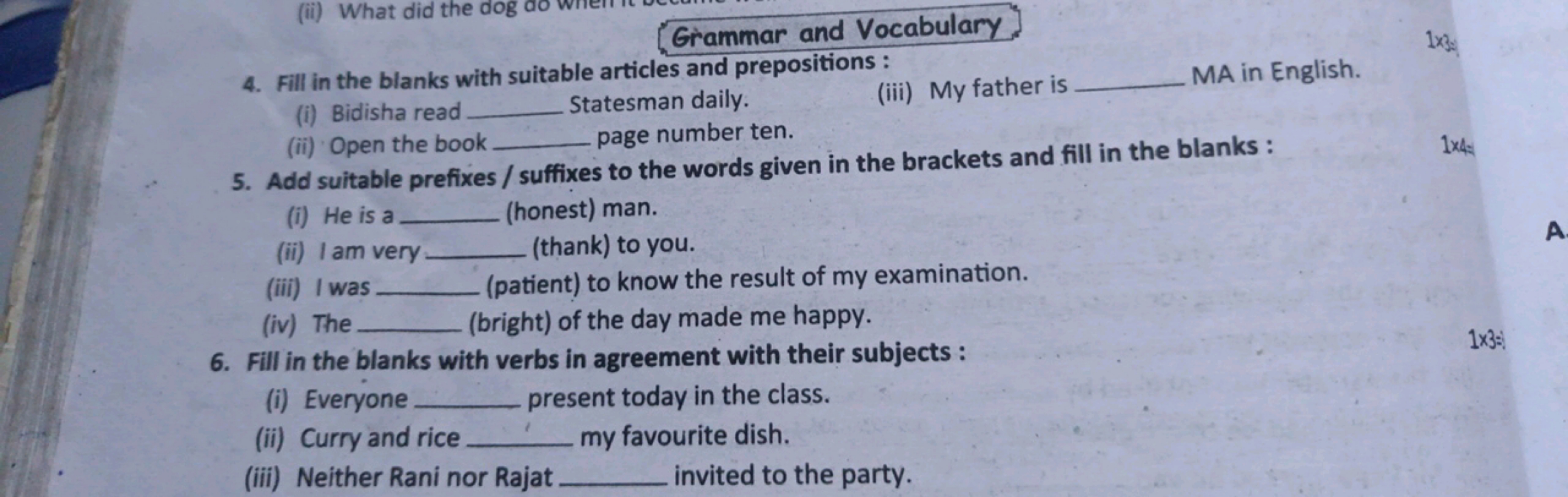 Grammar and Vocabulary
4. Fill in the blanks with suitable articles an