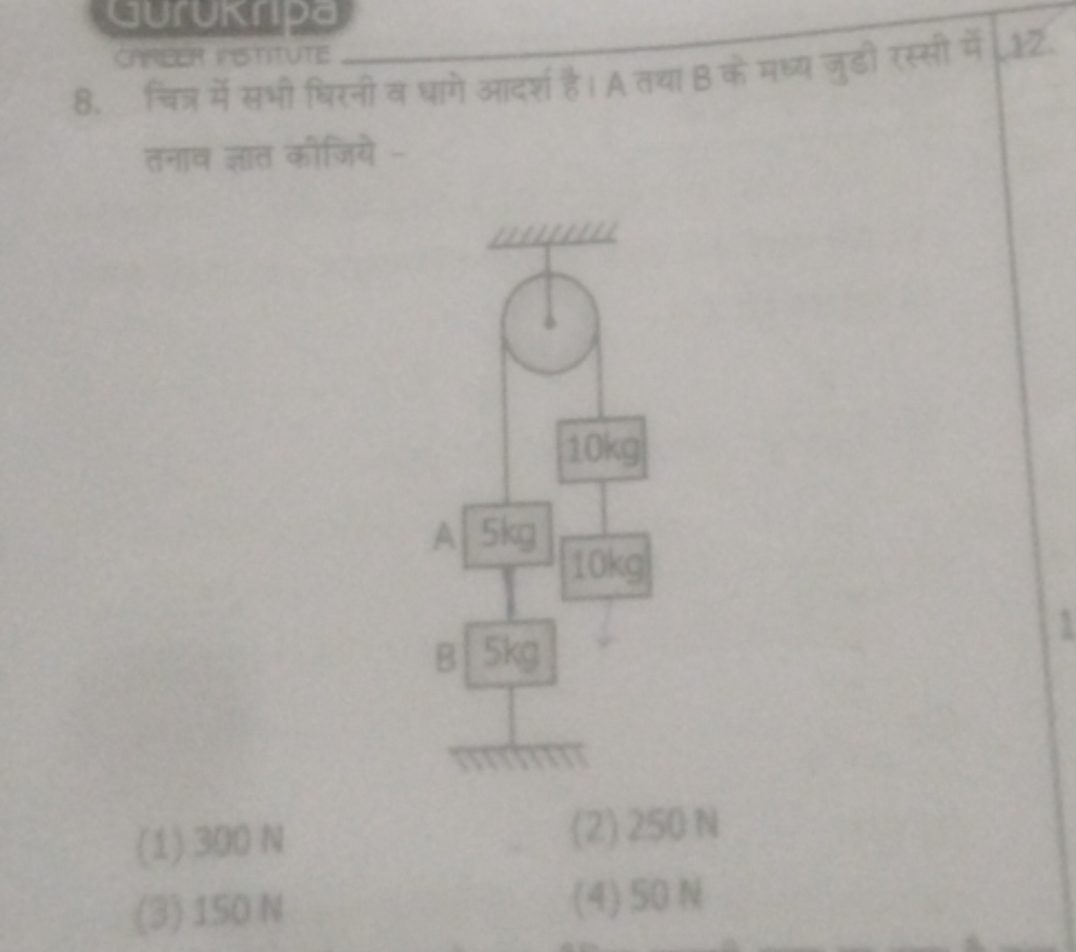 तनाव ज्ञात कीजिये -
(1) 300 N
(2) 250 N
(3) 150 N
(4) 50 N