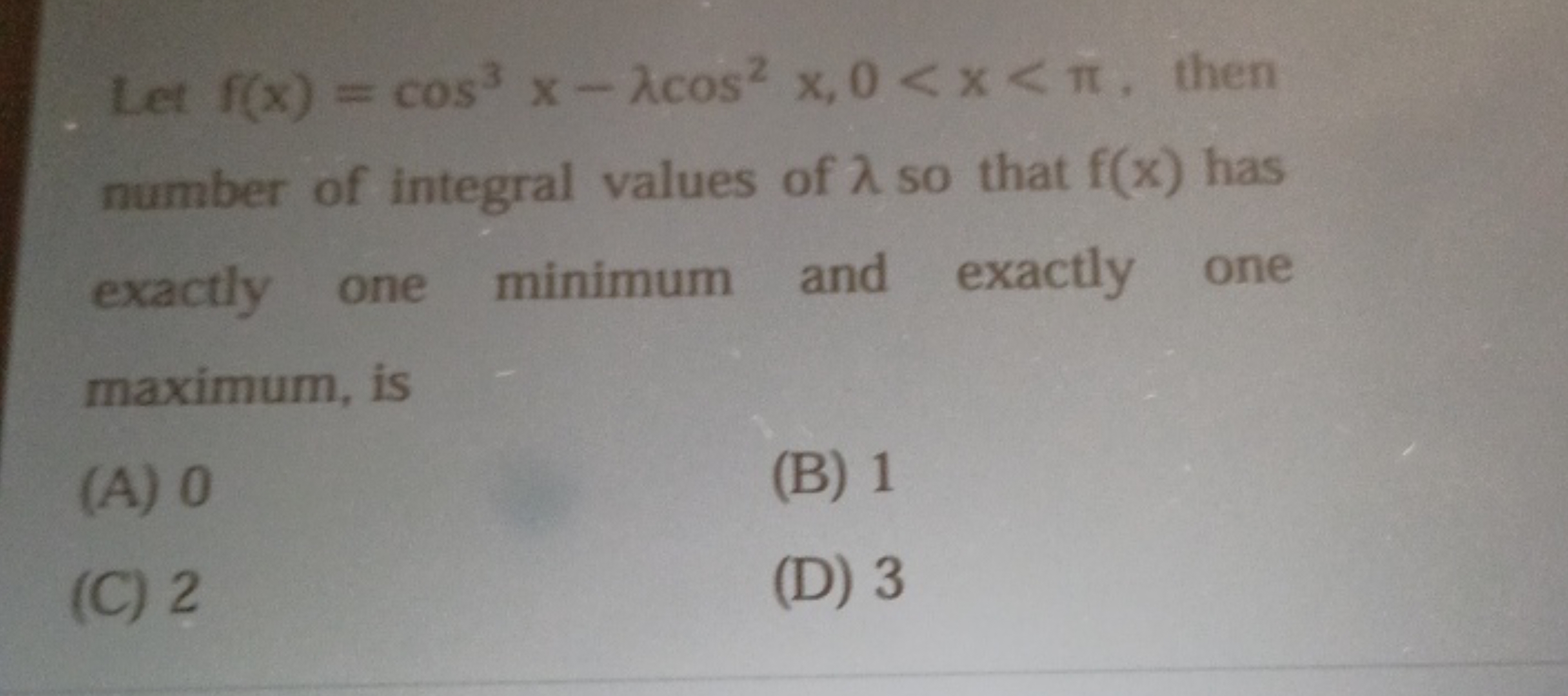 Let f(x)=cos3x−λcos2x,0<x<π, then number of integral values of λ so th