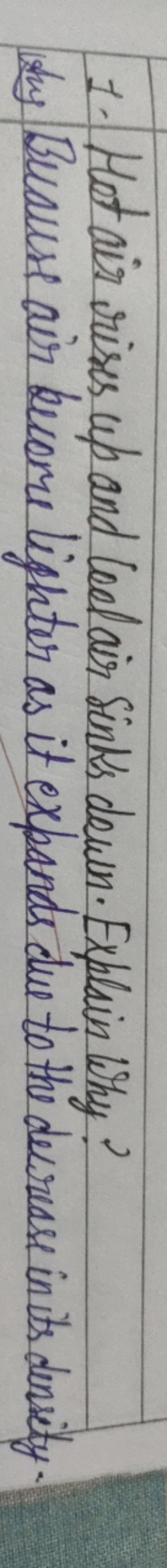 1. Hot air rises up and leal air sinks down. Explain Why?

Any Beaus a