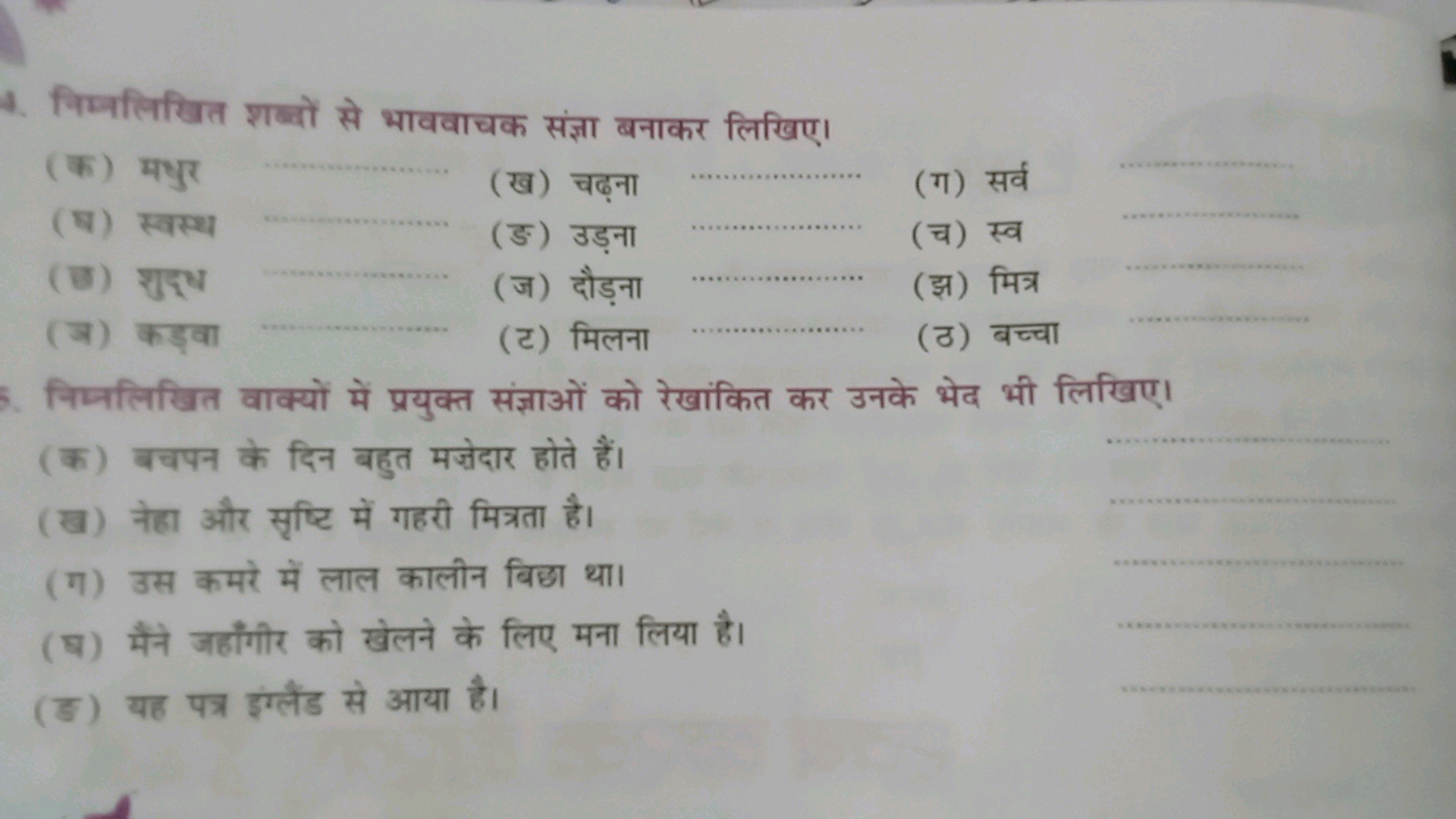 4. निम्नलिखित शब्दों से भाववाचक संज्ञा बनाकर लिखिए।
(क) मधुर
(ख) चढ़ना