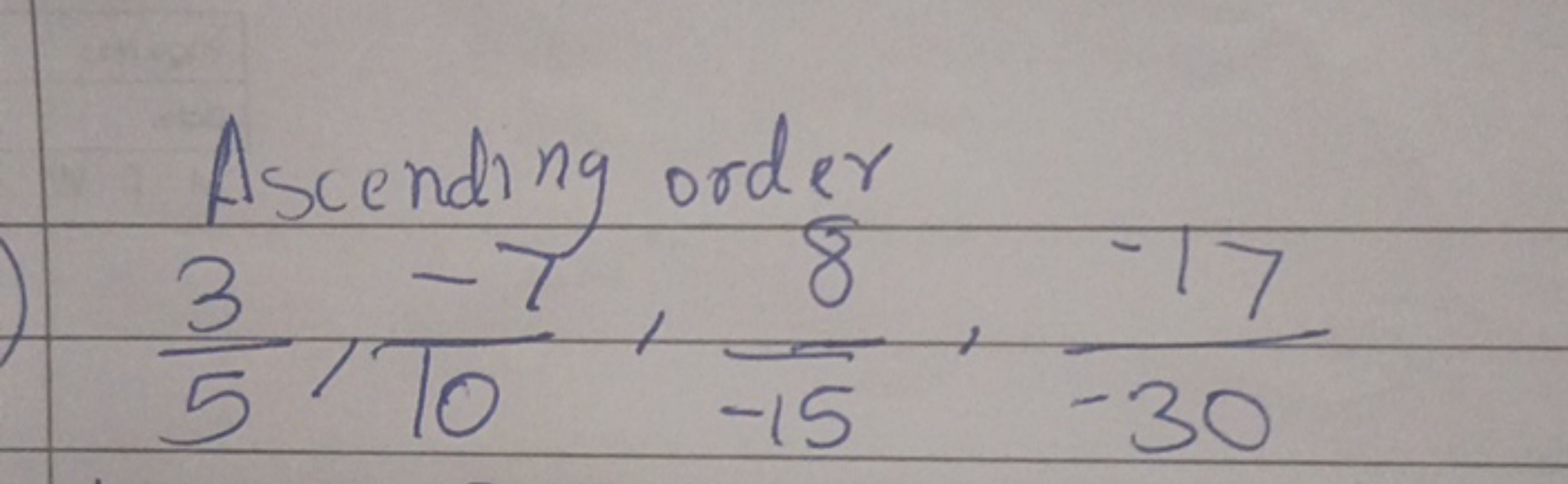 Ascending order
53​,10−7​,−158​,−30−17​