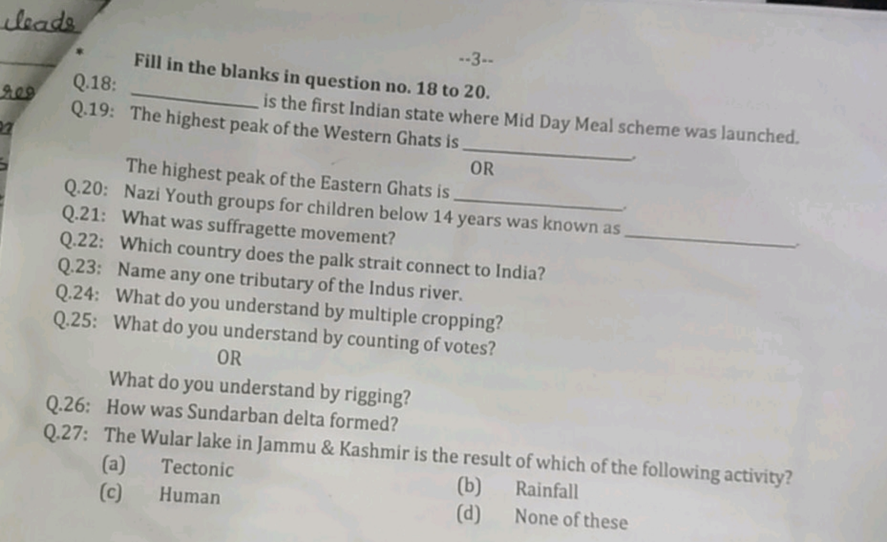 cleads.
Q.18:

Fill in the blanks in question no. 18 to 20.
Q.19: The 