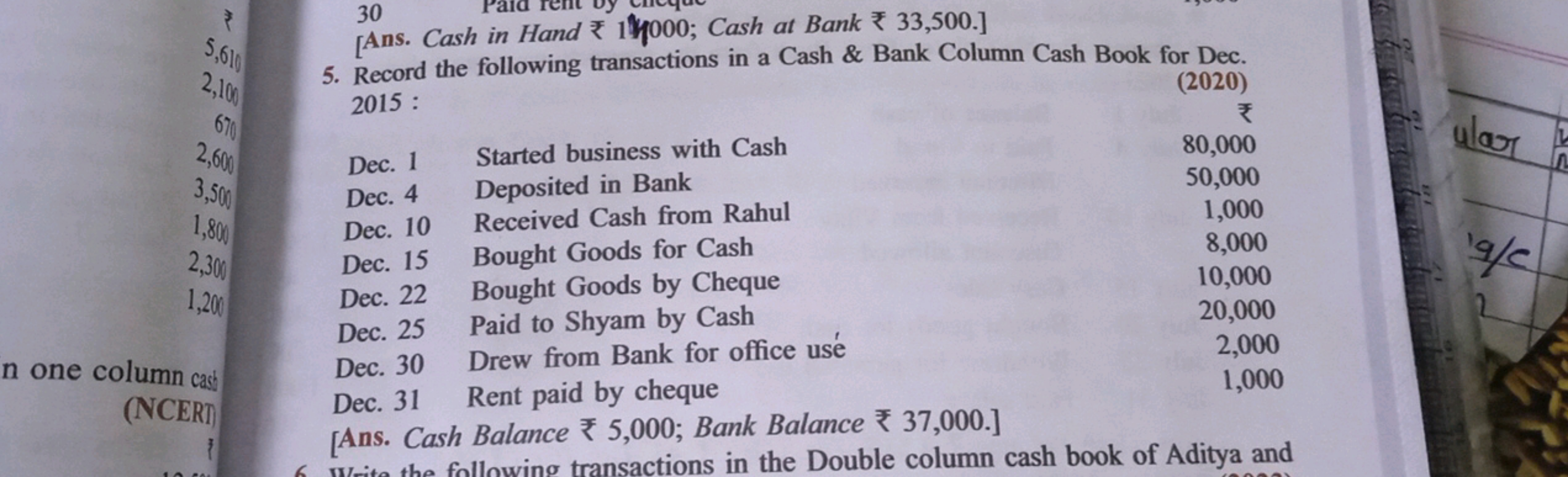 30
[Ans. Cash in Hand ₹ 1Y000; Cash at Bank ₹ 33,500.]
5. Record the f