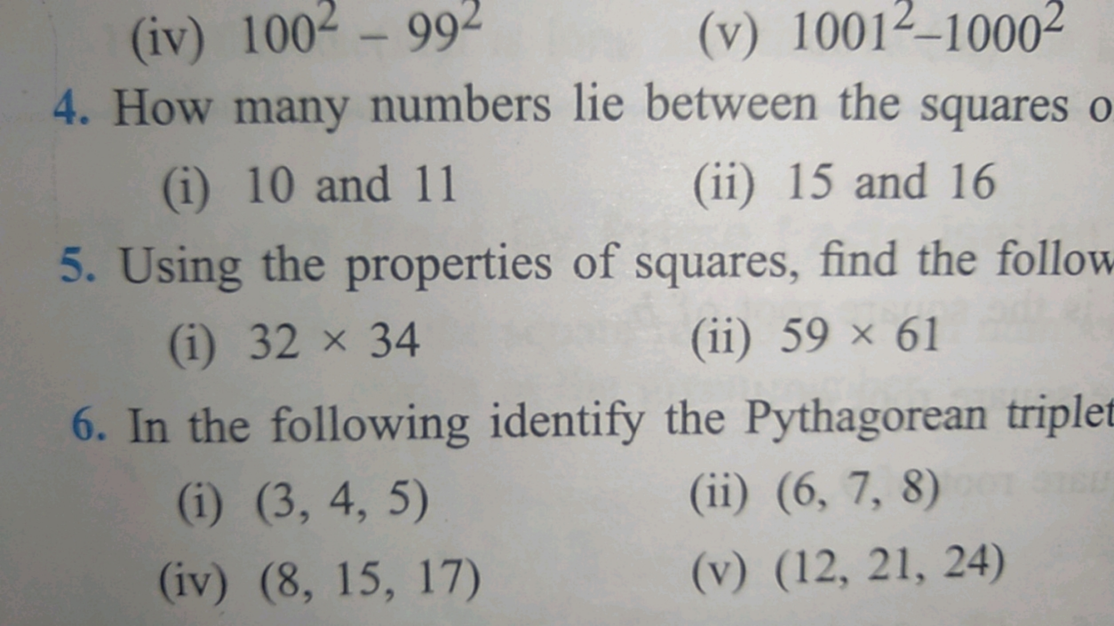 (iv) 1002−992
(v) 10012−10002
4. How many numbers lie between the squa