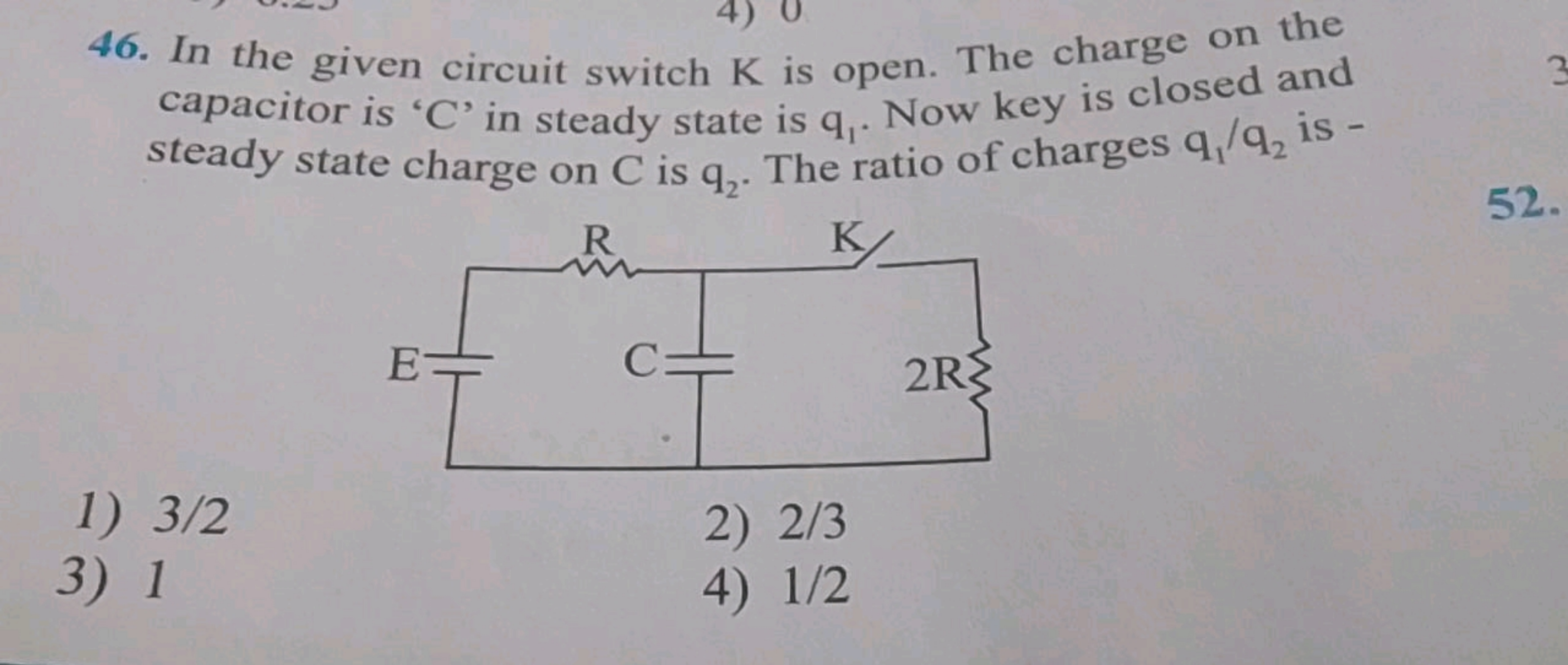 46. In the given circuit switch K is open. The charge on the capacitor