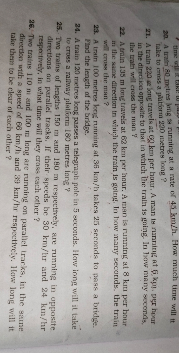 20. A train 80 metres long is running at a rate of 45 km/h. How much t