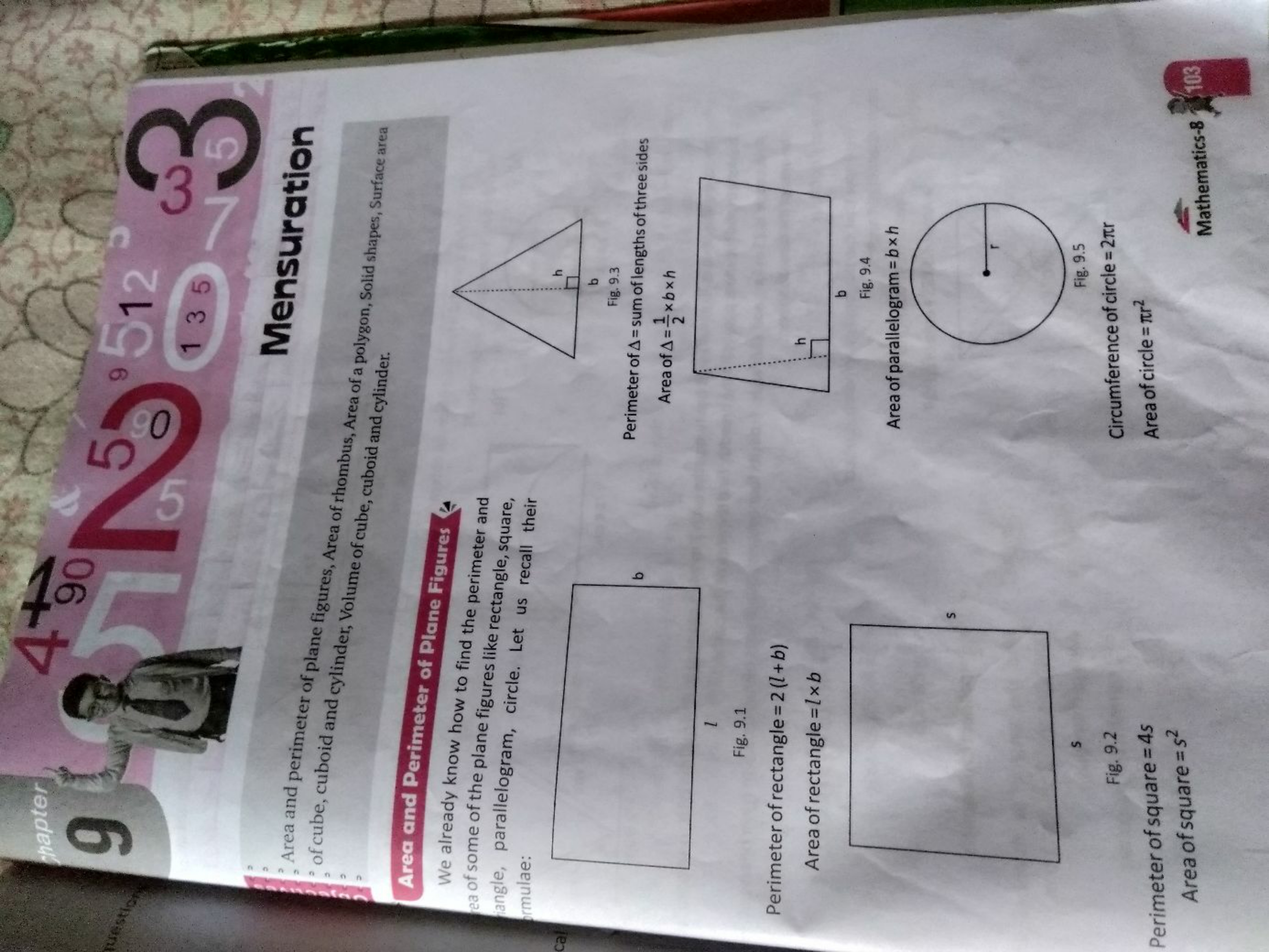 Mensuration
Area and perimeter of plane figures, Area of rhombus, Area