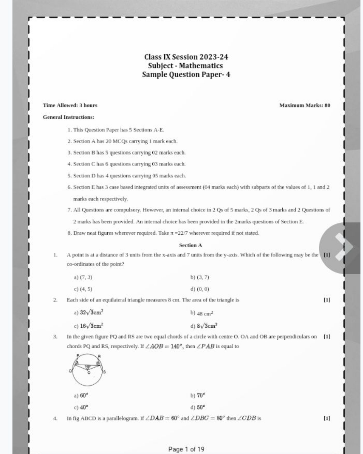 Class IX Session 2023-24
Subject - Mathematics Sample Question Paper-4