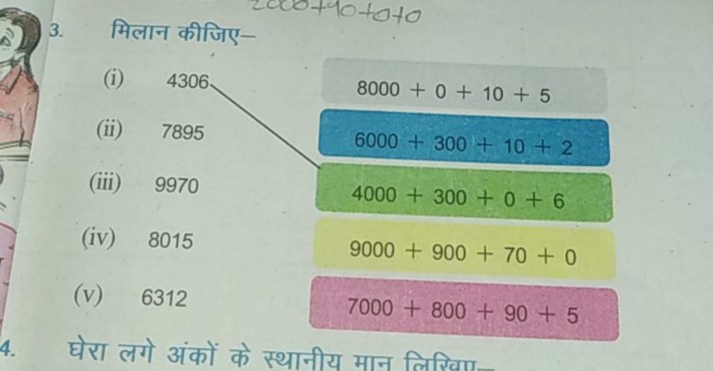 3. मिलान कीजिए-
(i) \begin{tabular} { l | l } 
4306 & 8000+0+10+5 \\
\