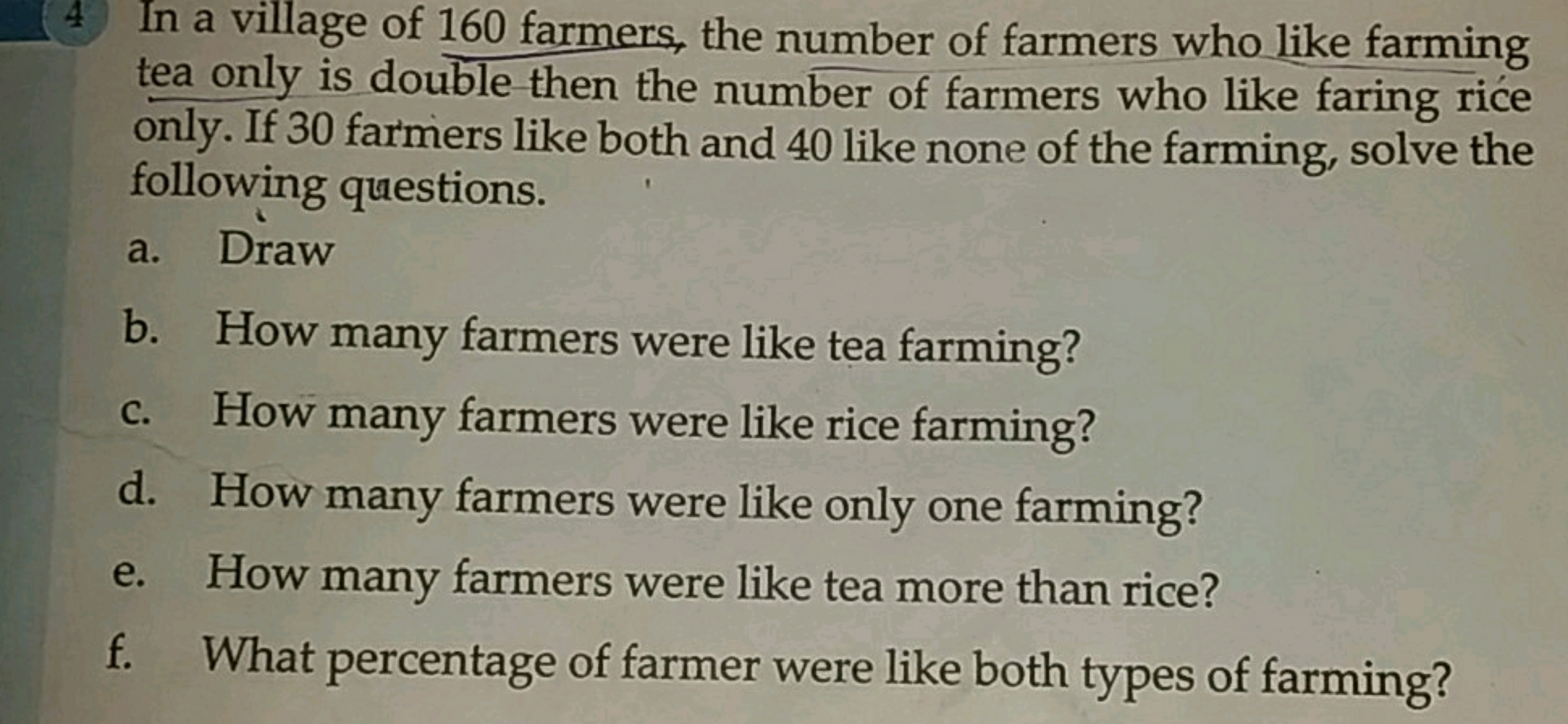 (4) In a village of 160 farmers, the number of farmers who like farmin