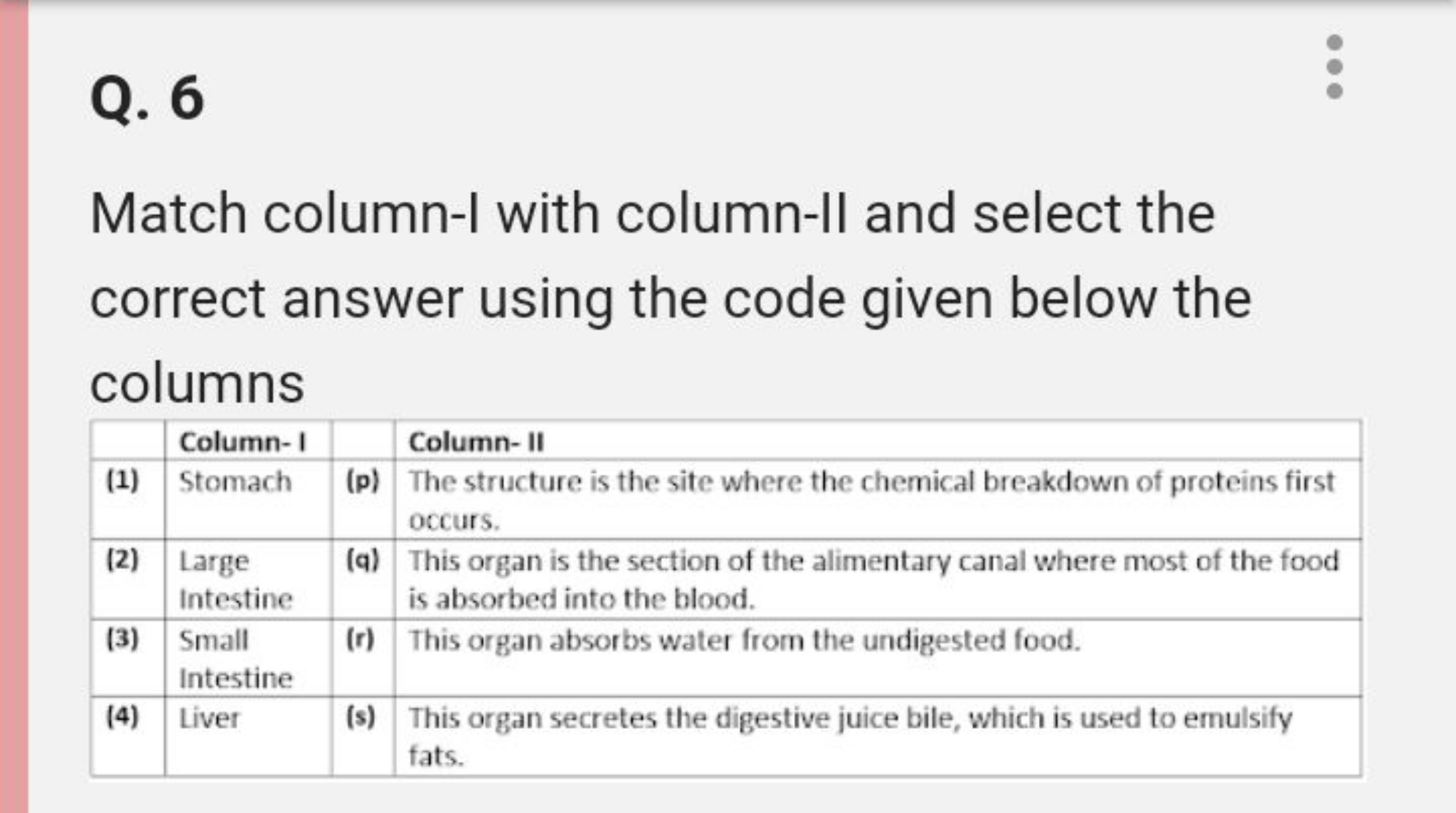 Q. 6

Match column-I with column-II and select the correct answer usin