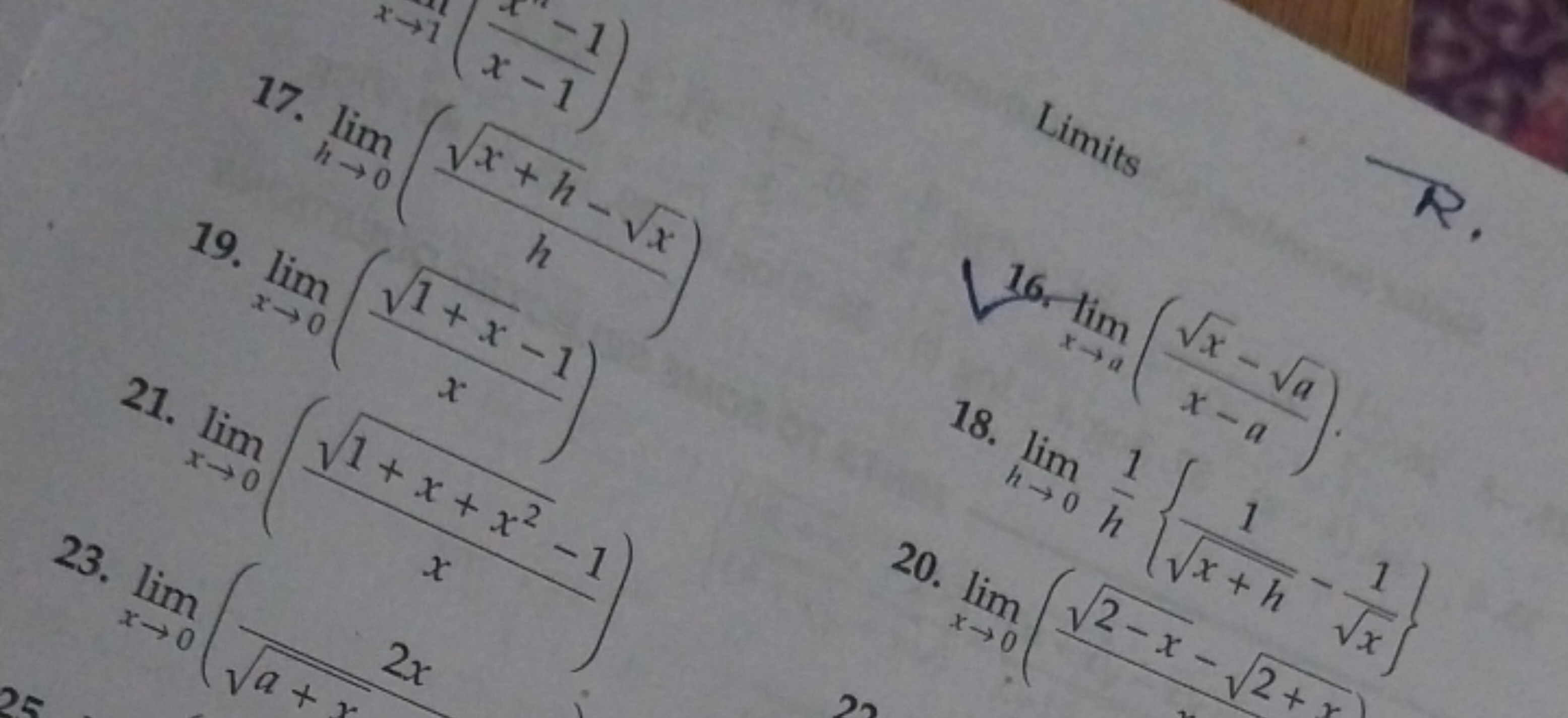 17. lim+1(x−1x−1​)
29. limx→0​(x1​×x2​)
limx→0​(1+​+x2+1)
23.
limx→0​(