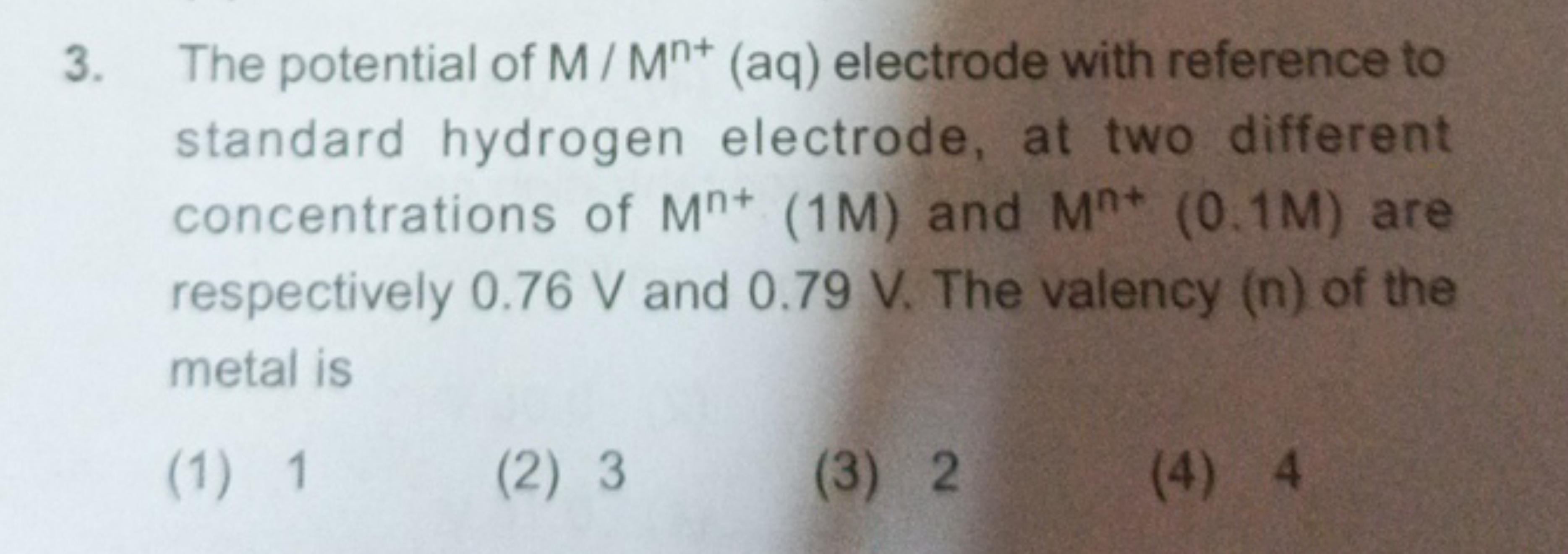 3. The potential of M/Mn+(aq) electrode with reference to standard hyd