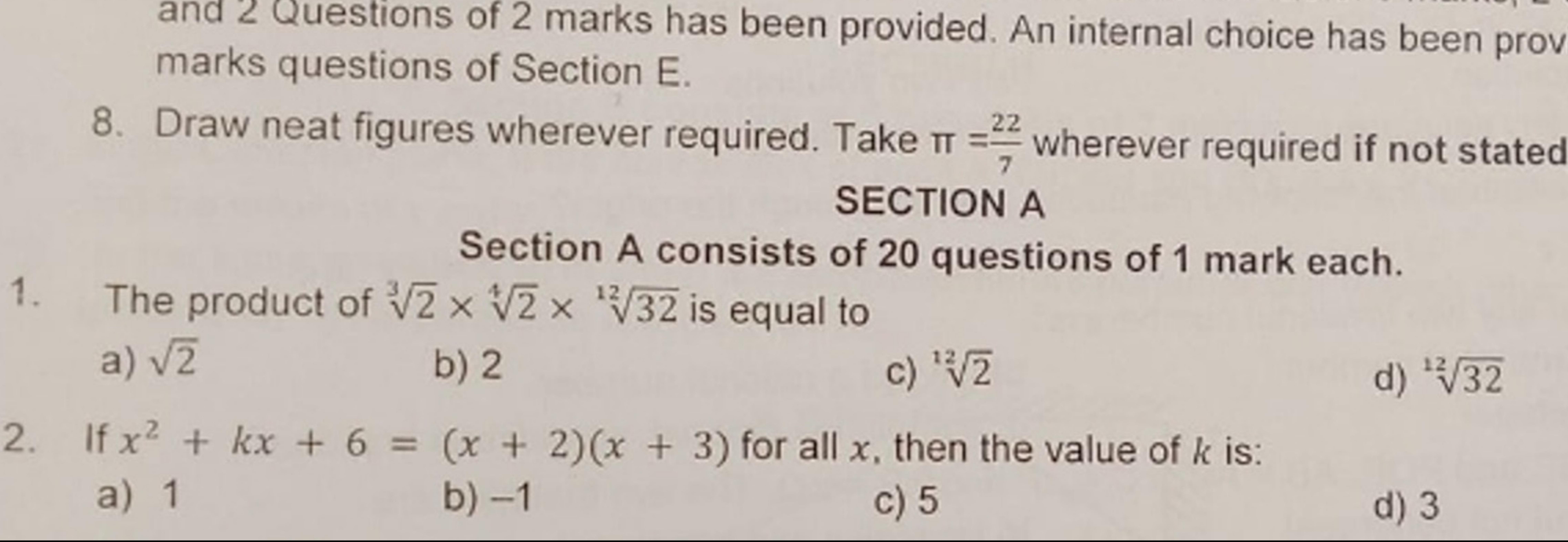 and 2 Questions of 2 marks has been provided. An internal choice has b