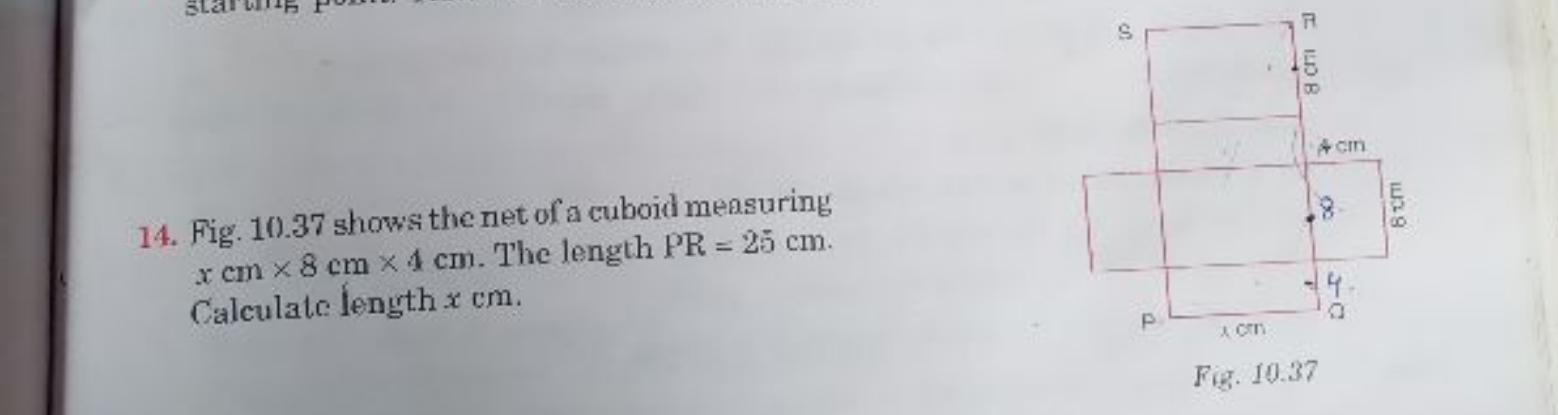 14. Fig. 10.37 shows the net of a cuboid measuring x cm×8 cm×4 cm. The