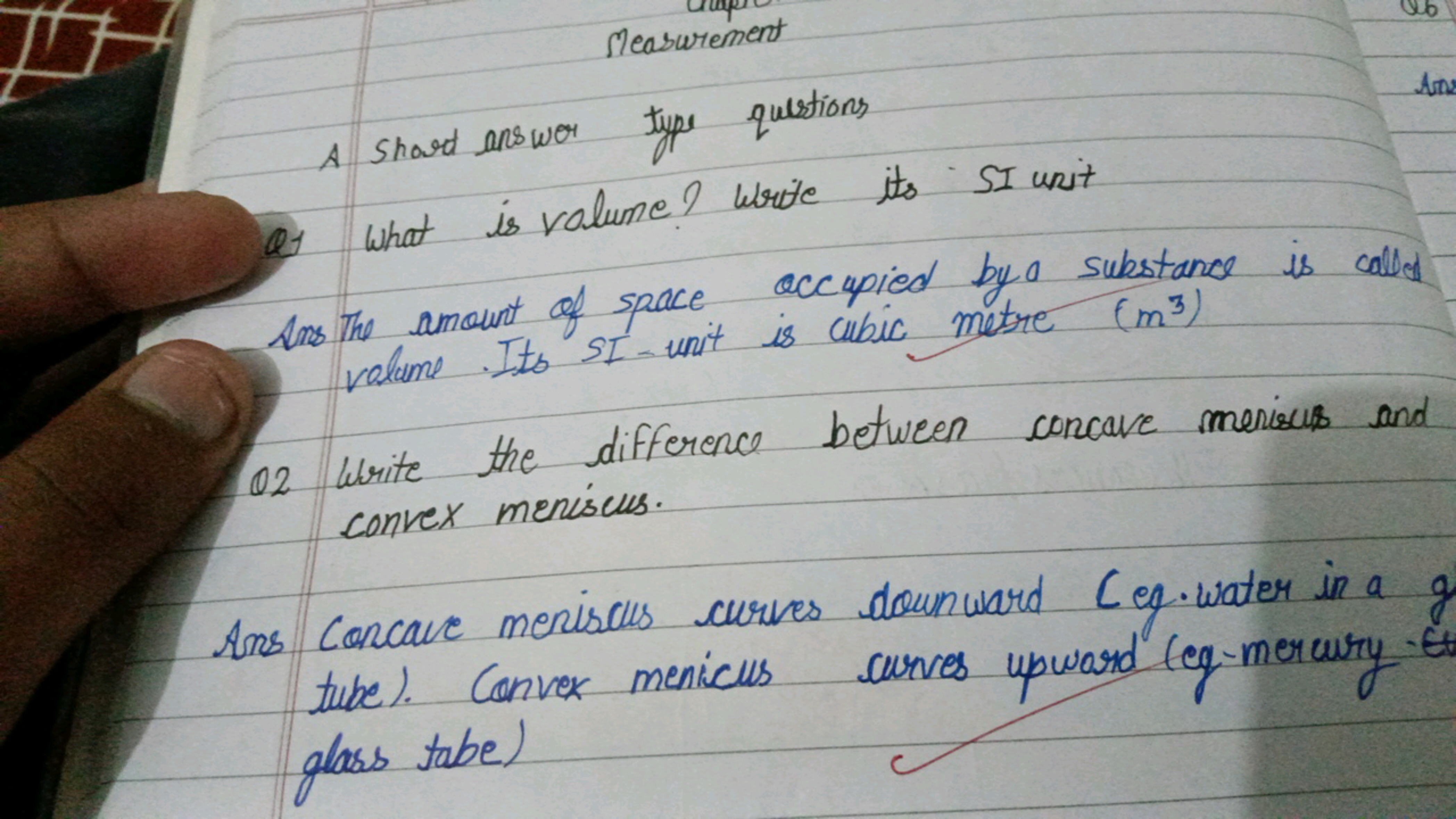 Measurement
A short answer type questions
Q) What is volume? Write its