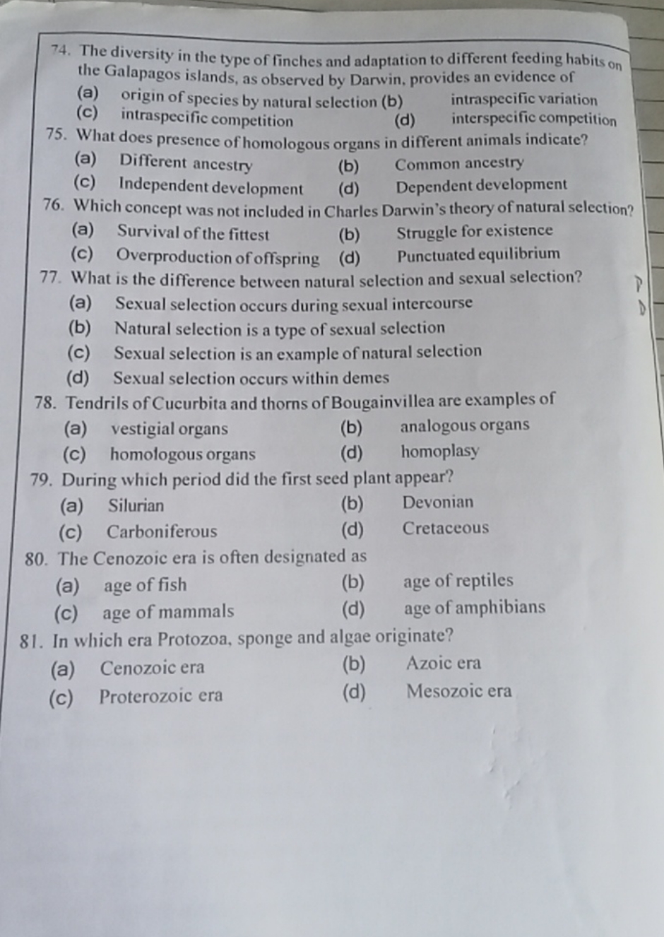 74. The diversity in the type of finches and adaptation to different f