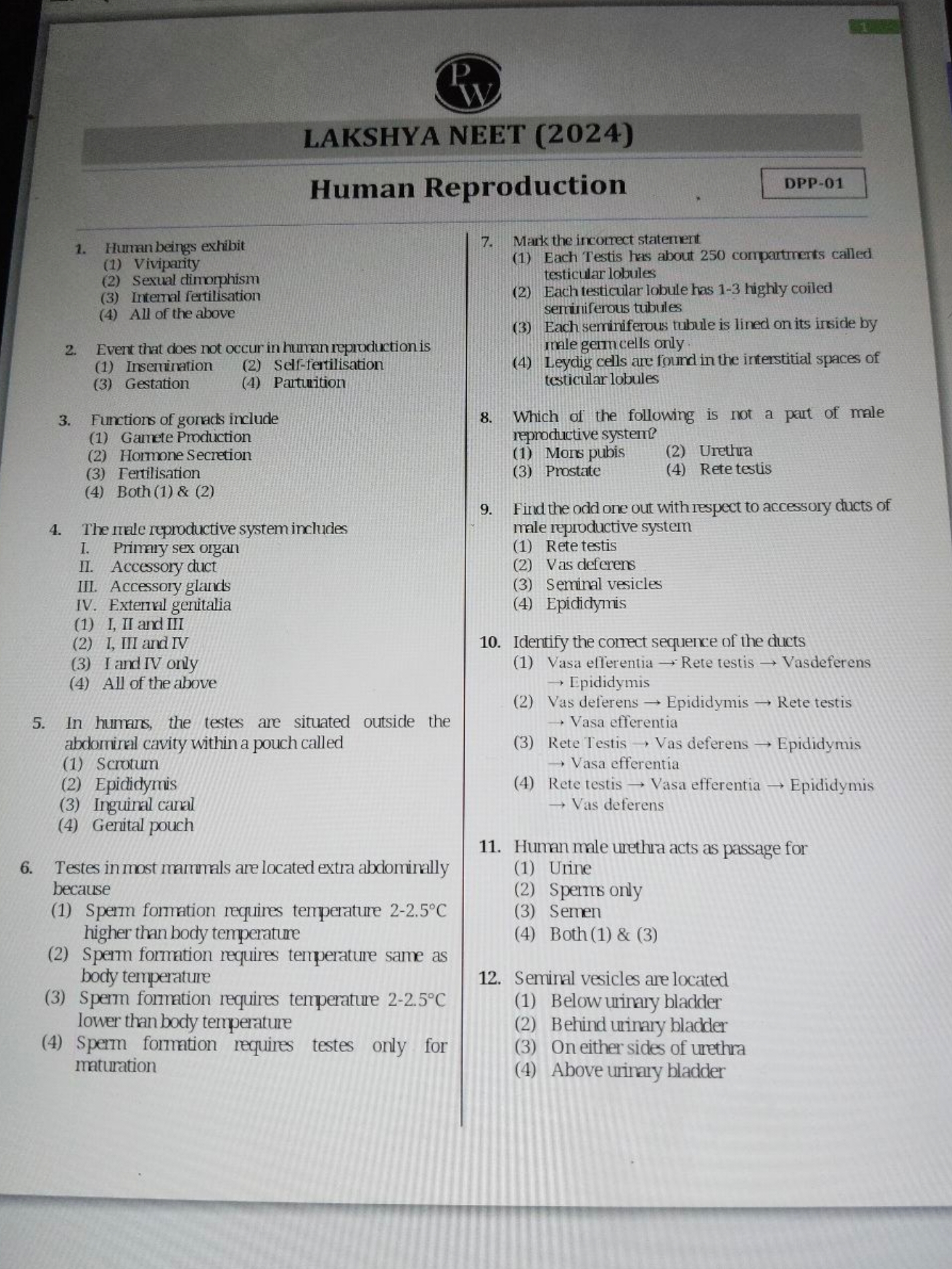 䉆主

LAKSHYA NEET (2024)
Human Reproduction
DPP-01
1. Human beings exhi