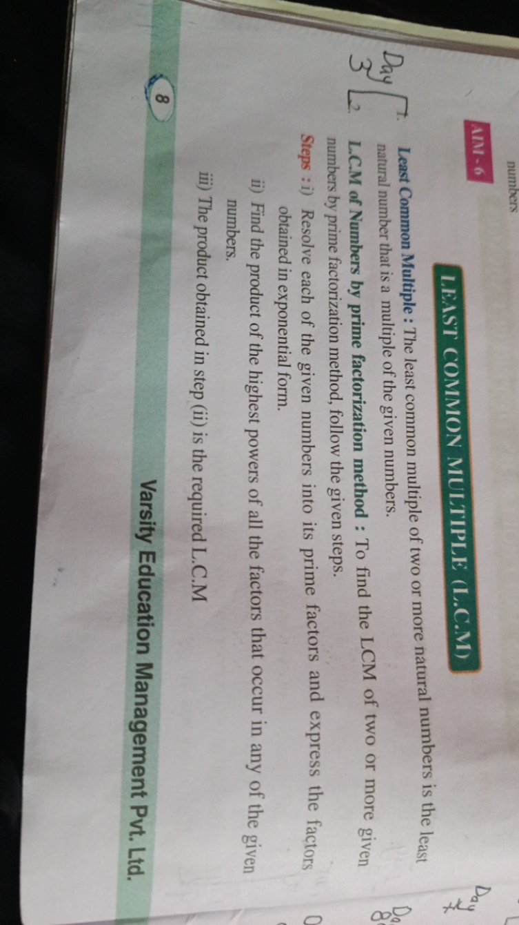 AIM-6
LEAST COMMON MULTIPLE (L.C.M)
Day L . Least Common Multiple : Th