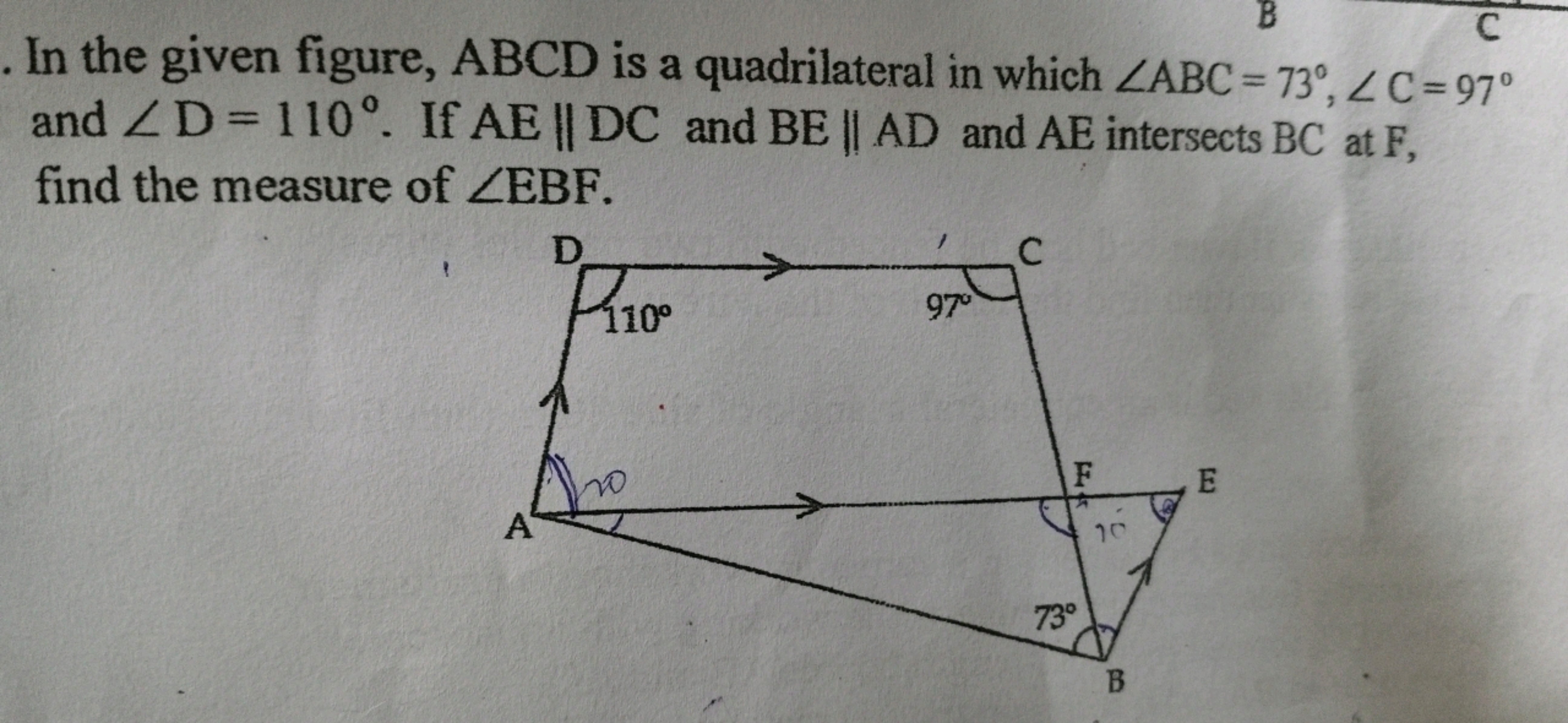 . In the given figure, ABCD is a quadrilateral in which ∠ABC=73∘,∠C=97