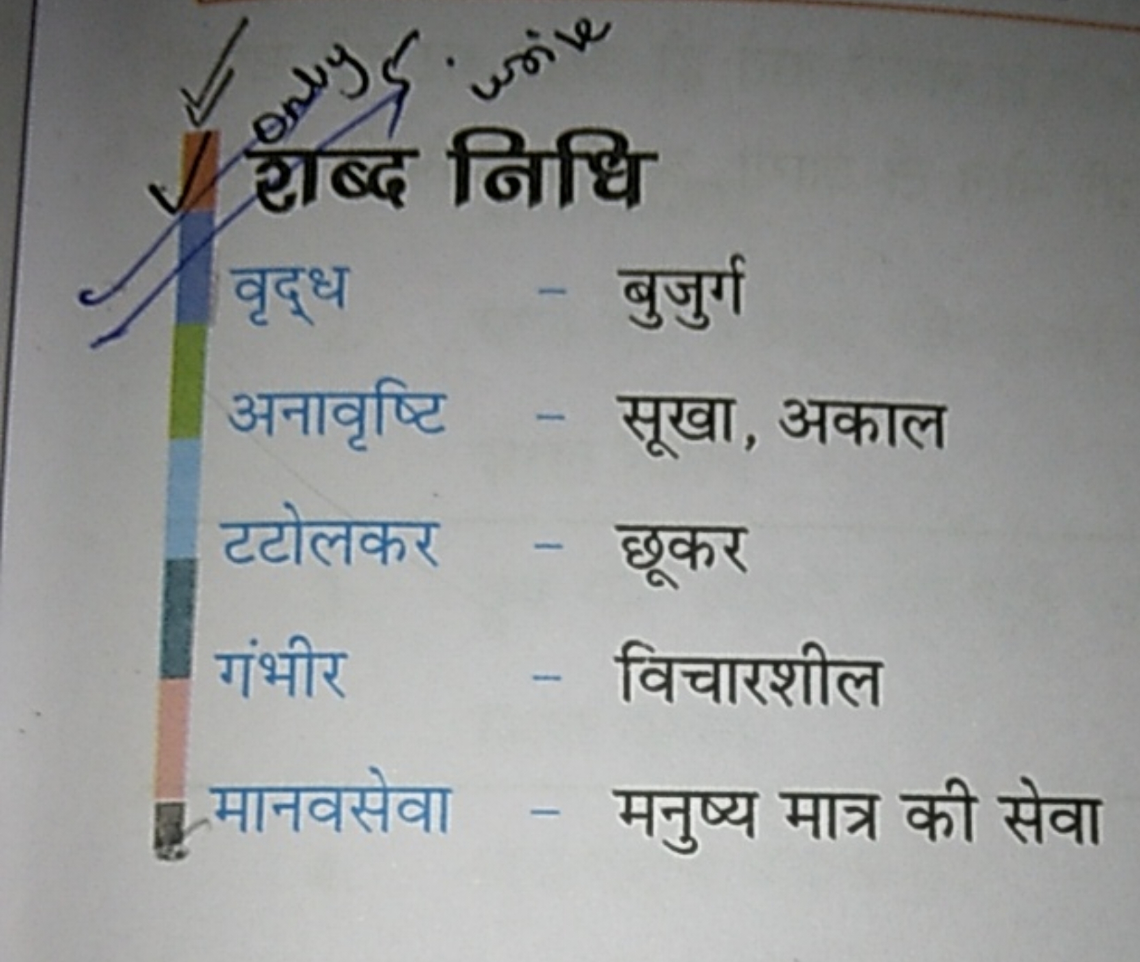 अनावृष्टि
- सूखा, अकाल

टटोलकर
- छूकर

गंभीर
- विचारशील

मानवसेवा
- मन