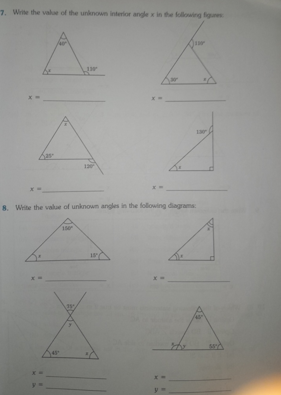 7. Write the value of the unknown interior angle x in the following fi