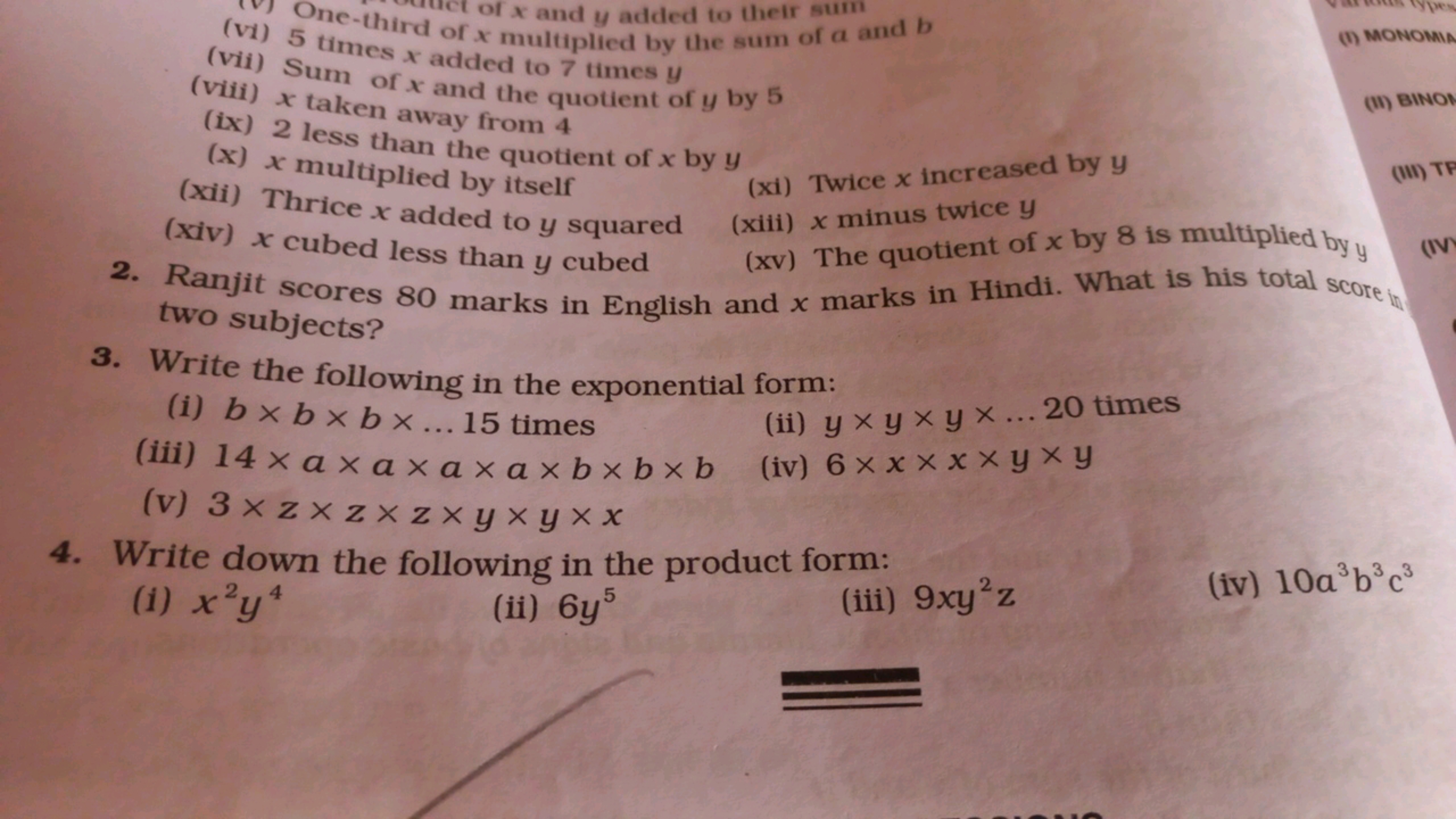 of x and y added to their sum
(vi) 5 times x added to 7 times y
One-th