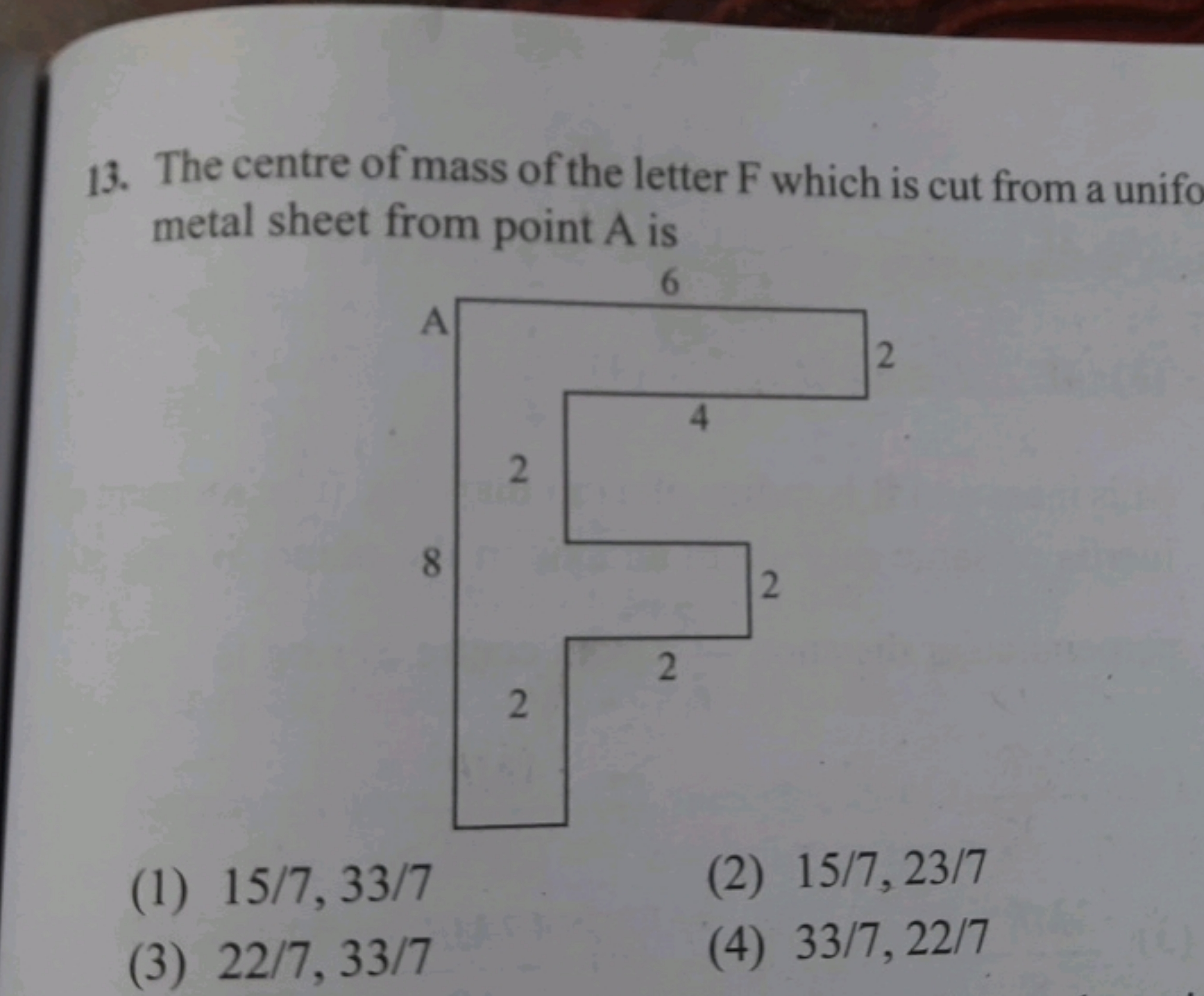 13. The centre of mass of the letter F which is cut from a unifo metal