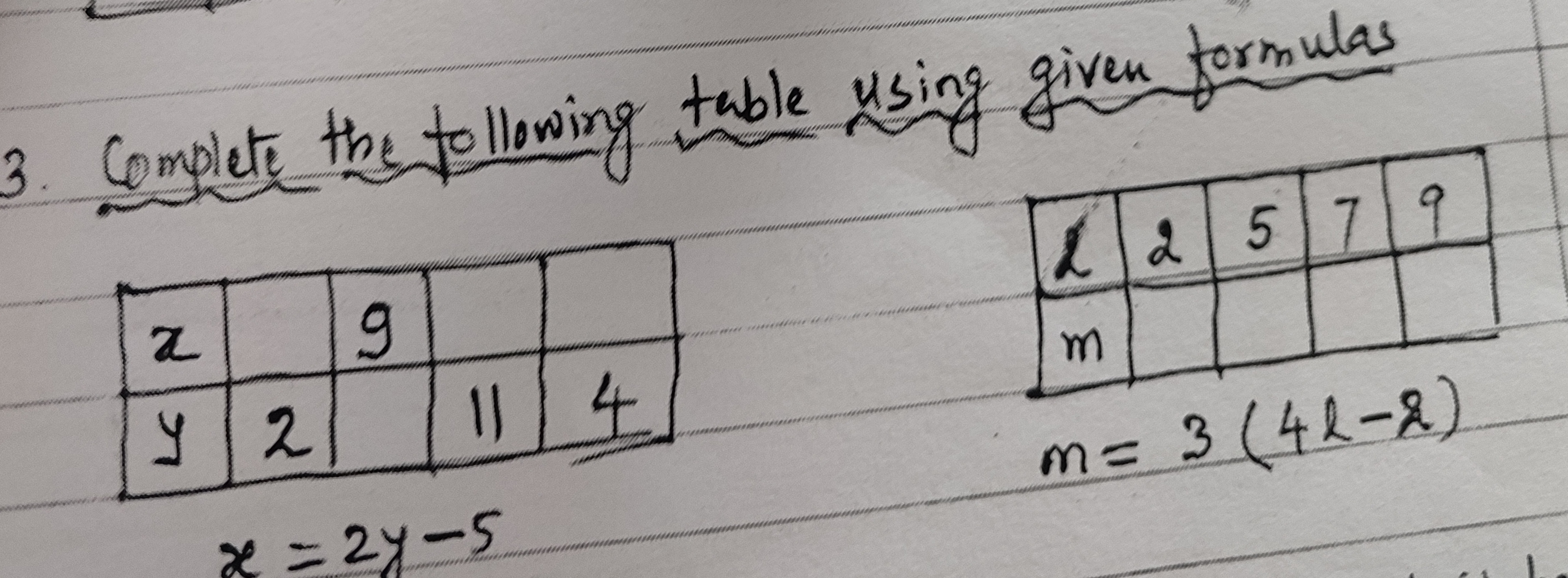 3. Complete the following table using given formulas
\begin{tabular} {