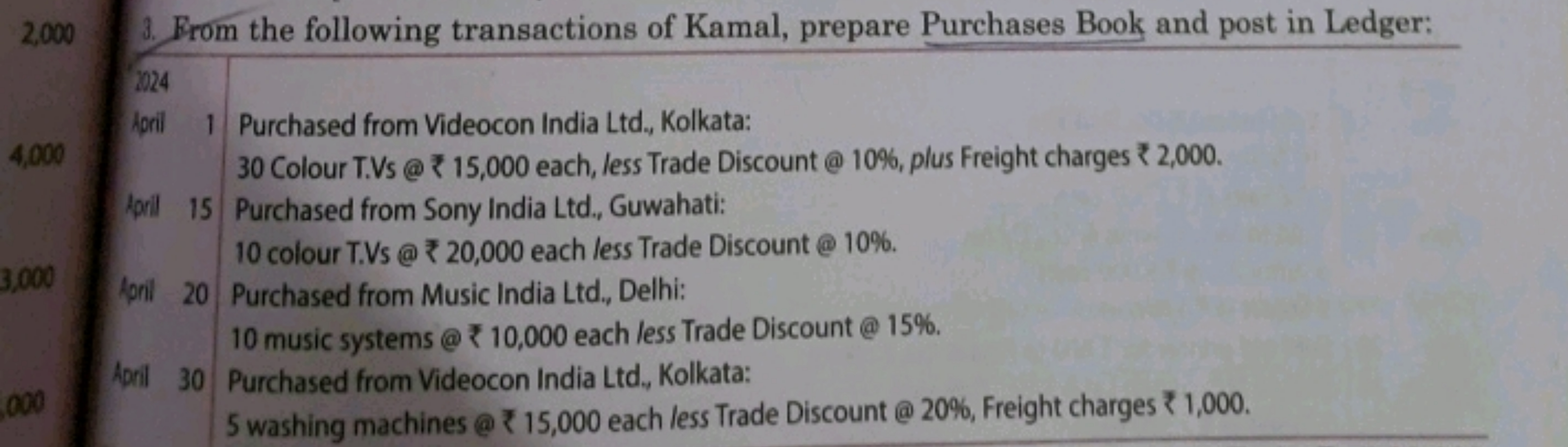 2,000 3. From the following transactions of Kamal, prepare Purchases B