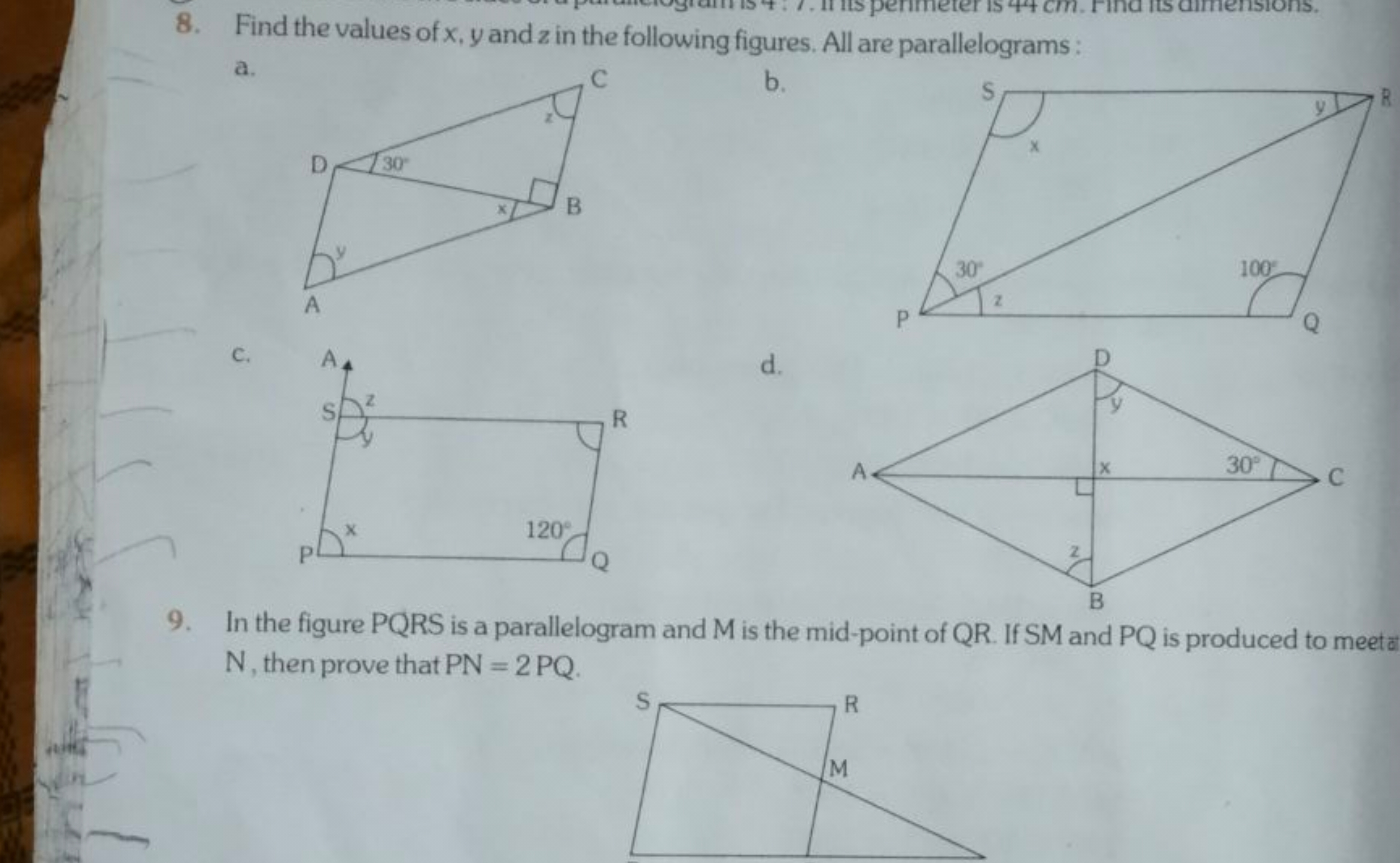 CIT
ensions.
8. Find the values of x, y and z in the following figures