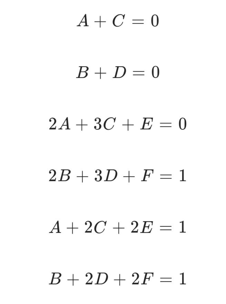 A+C=0B+D=02A+3C+E=02B+3D+F=1A+2C+2E=1B+2D+2F=1​