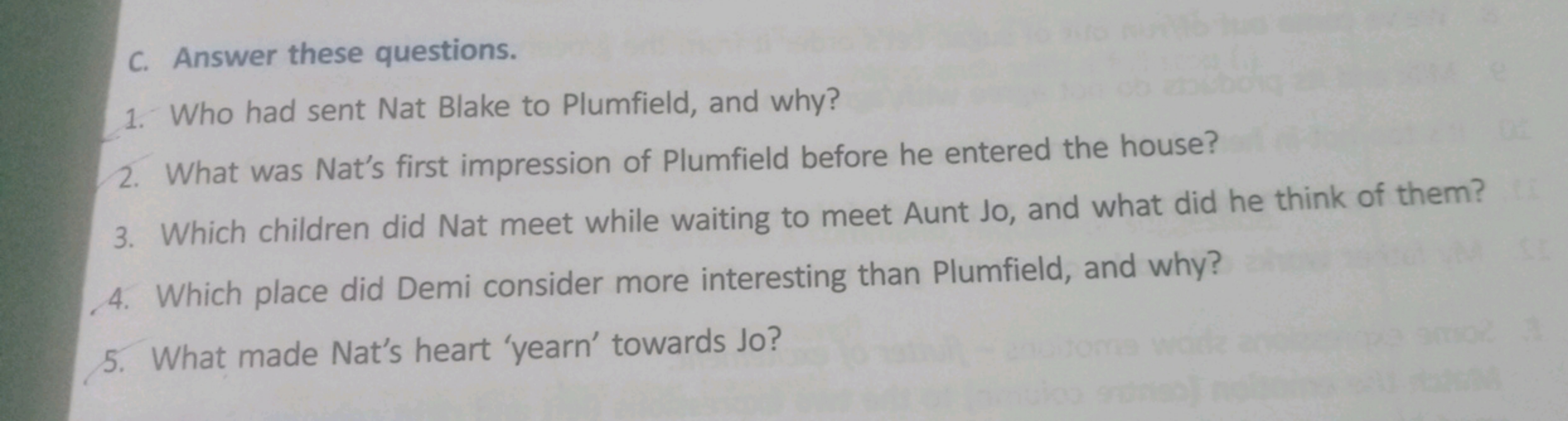 C. Answer these questions.
1. Who had sent Nat Blake to Plumfield, and