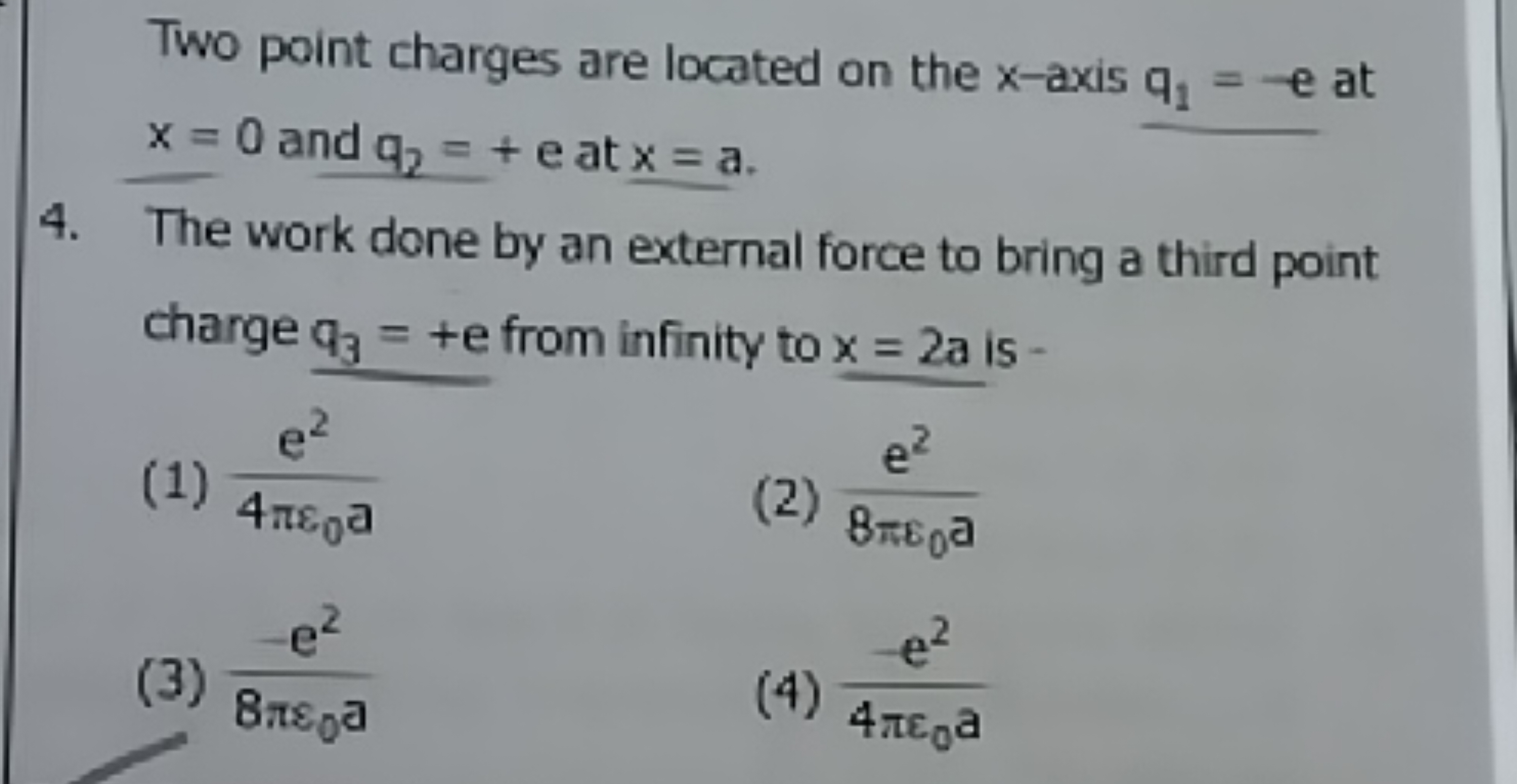 Two point charges are located on the x-axis q1​=−e at x=0 and q2​=+e a