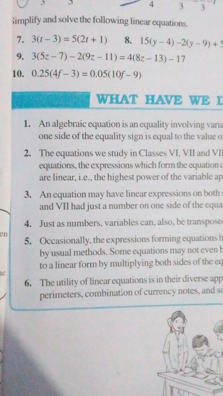 iimplify and solve the following linear equations.
7. 3(t−3)=5(2t+1)
8