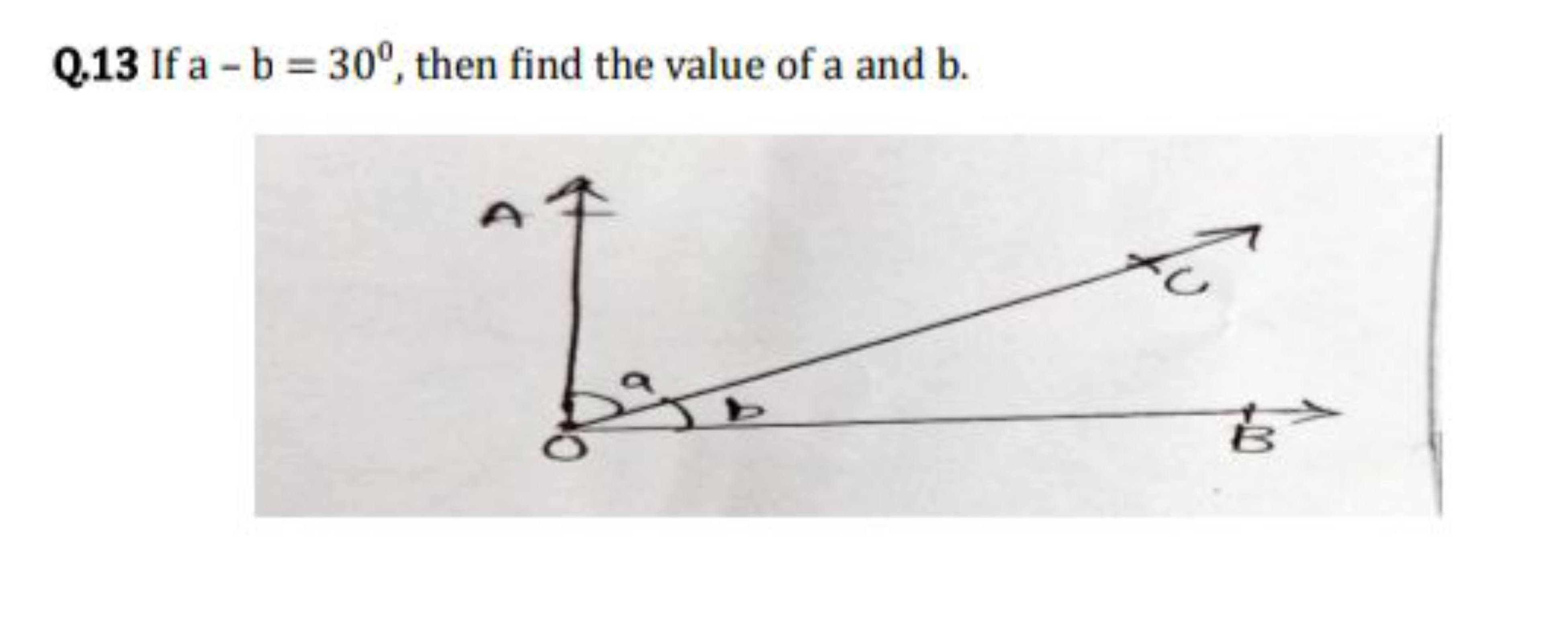 Q. 13 If a−b=30∘, then find the value of a and b.