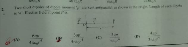 2. Two short dipoles of dipole moment ' p ' are kept antiparallel as s