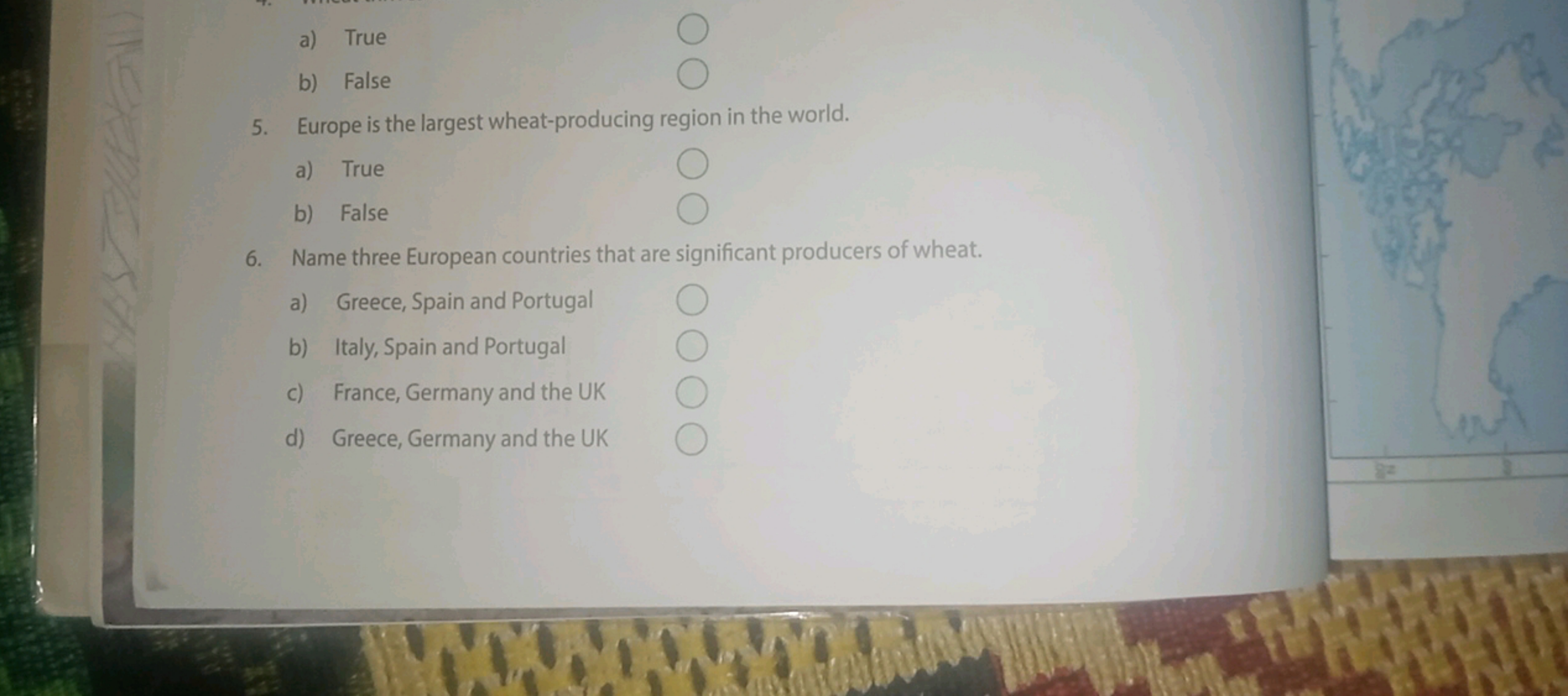 a) True
b) False
5. Europe is the largest wheat-producing region in th