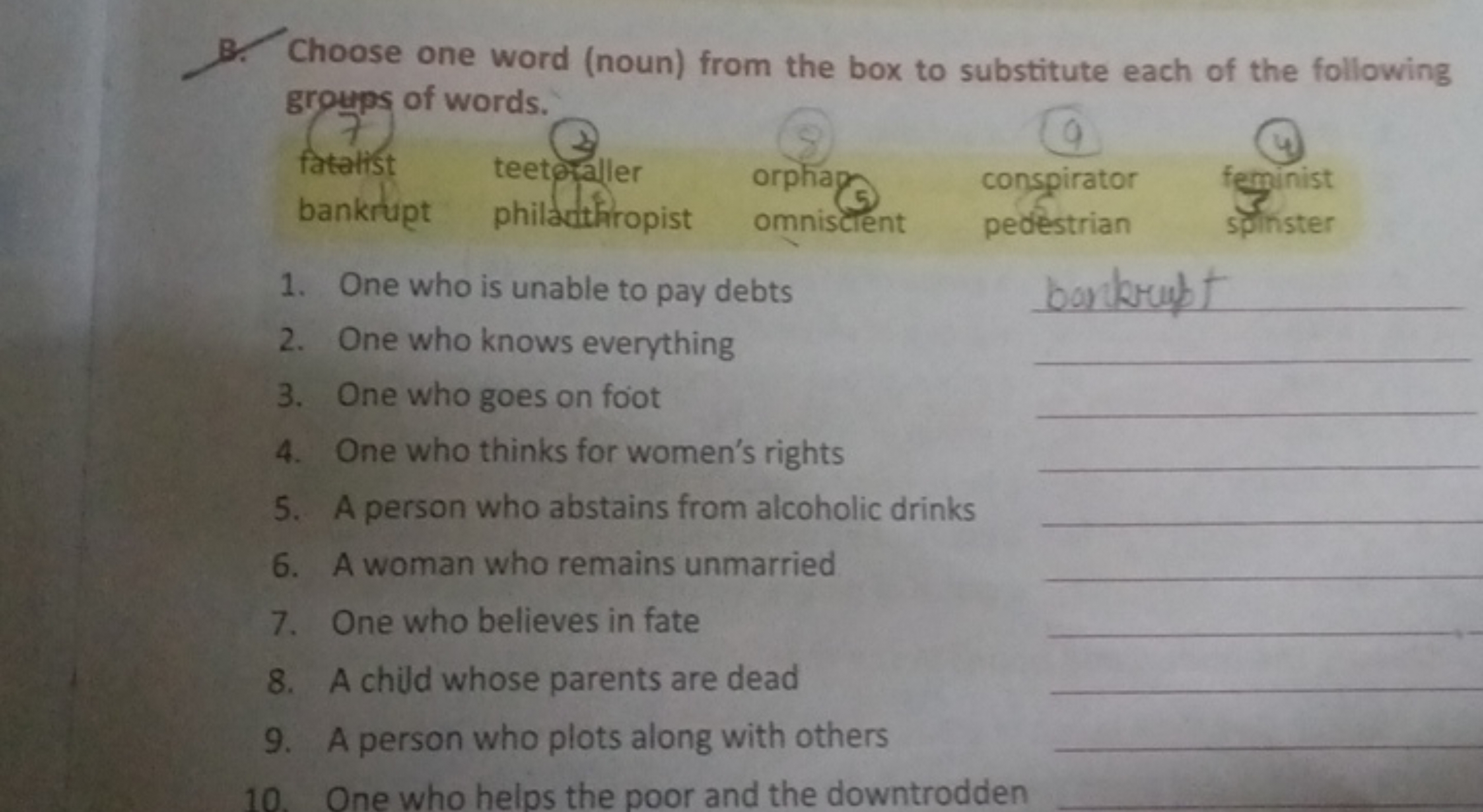 B. Choose one word (noun) from the box to substitute each of the follo