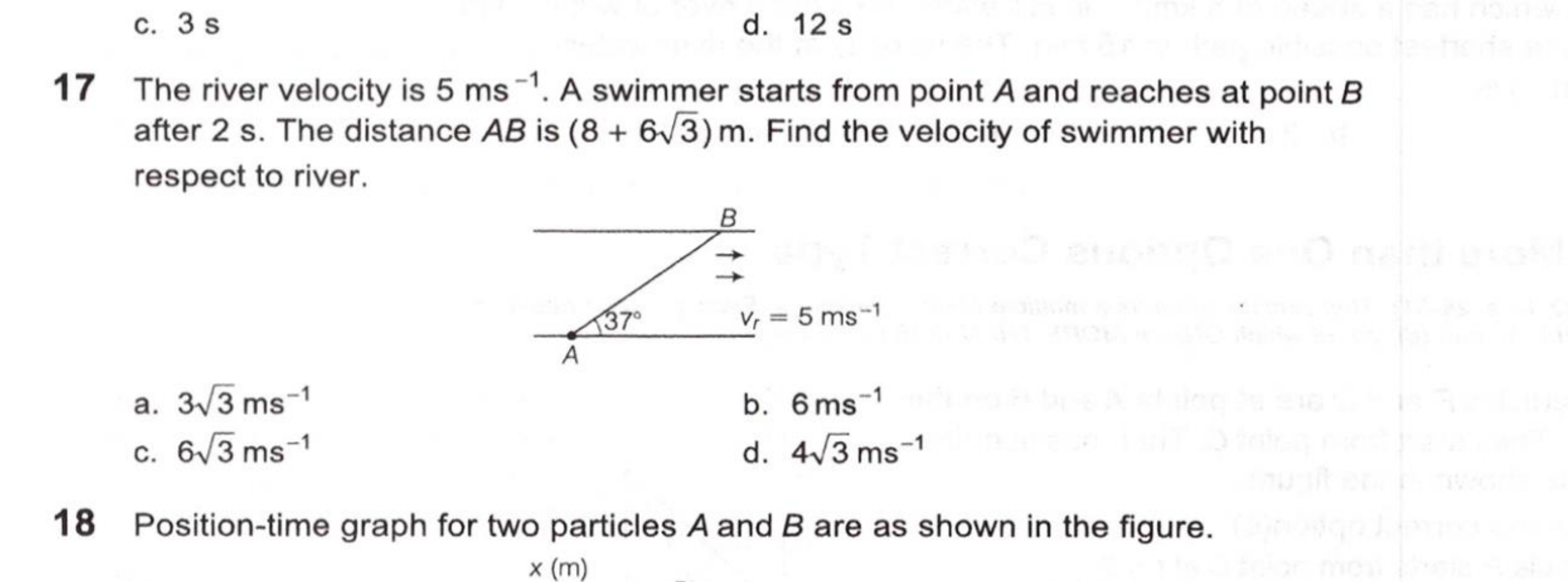 c. 3 s
d. 12 s
17 The river velocity is 5 ms−1. A swimmer starts from 