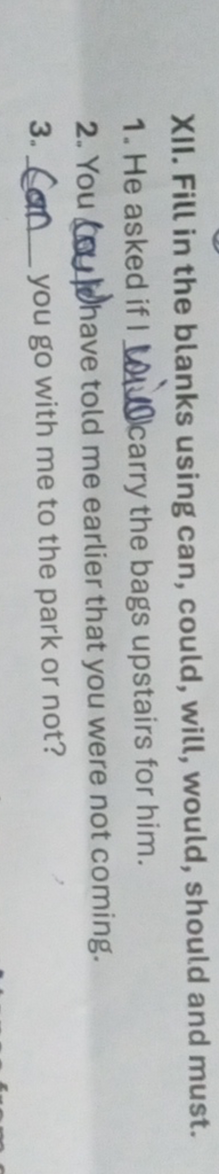 XII. Fill in the blanks using can, could, will, would, should and must