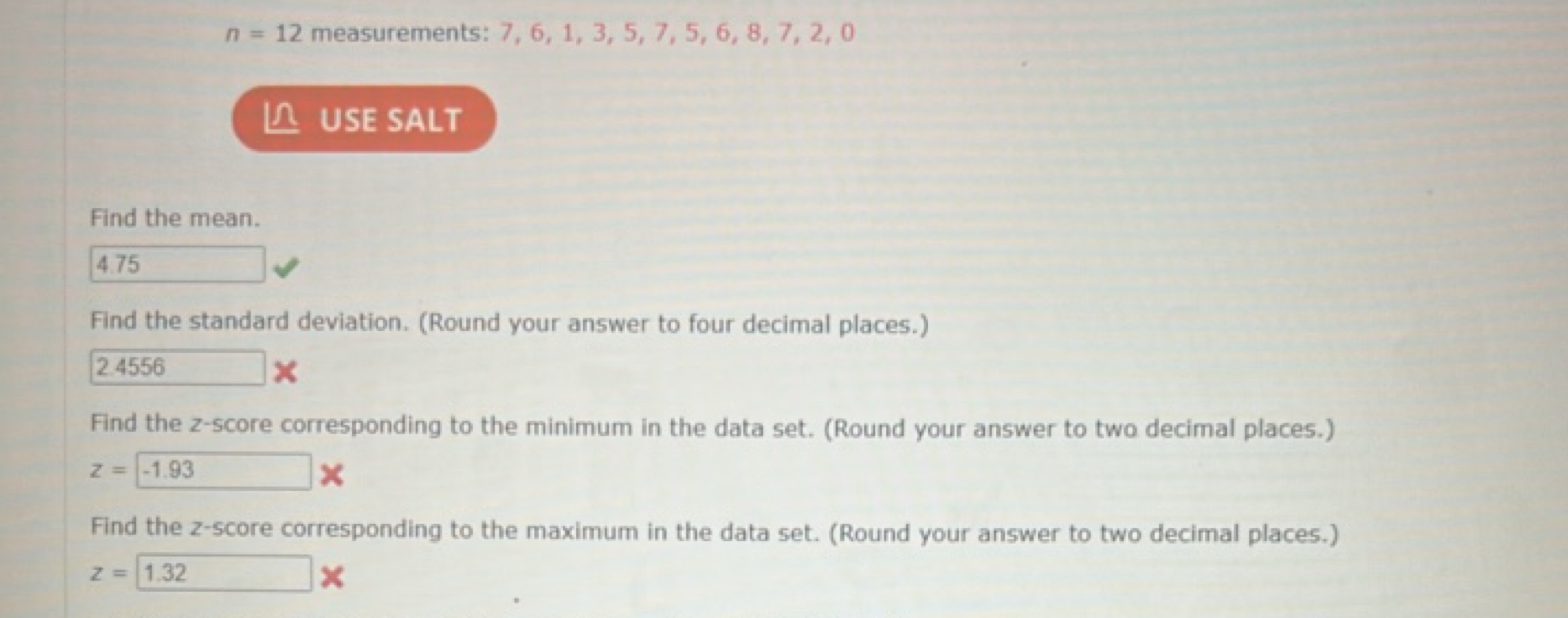 n=12 measurements: 7,6,1,3,5,7,5,6,8,7,2,0
Ω USE SALT

Find the mean.
