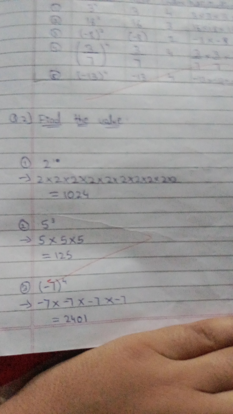 Q2] Find the ulue.
(1) 2∘
→2×2×2×2×2×2×2×2×20=1024​
 (2) 53→5×5×5=125​