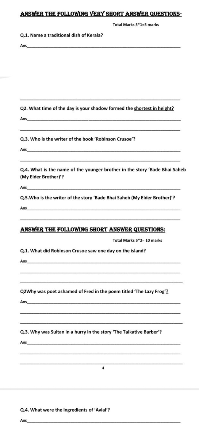 ANSWER THE FOLLOWING VERY SHORT ANSWER QUESTIONS-
Total Marks 5∗1=5 ma